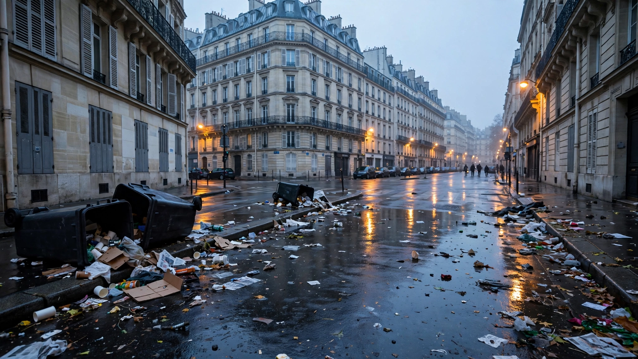 Overturned bins and scattered debris litter a wet Paris street at dawn.