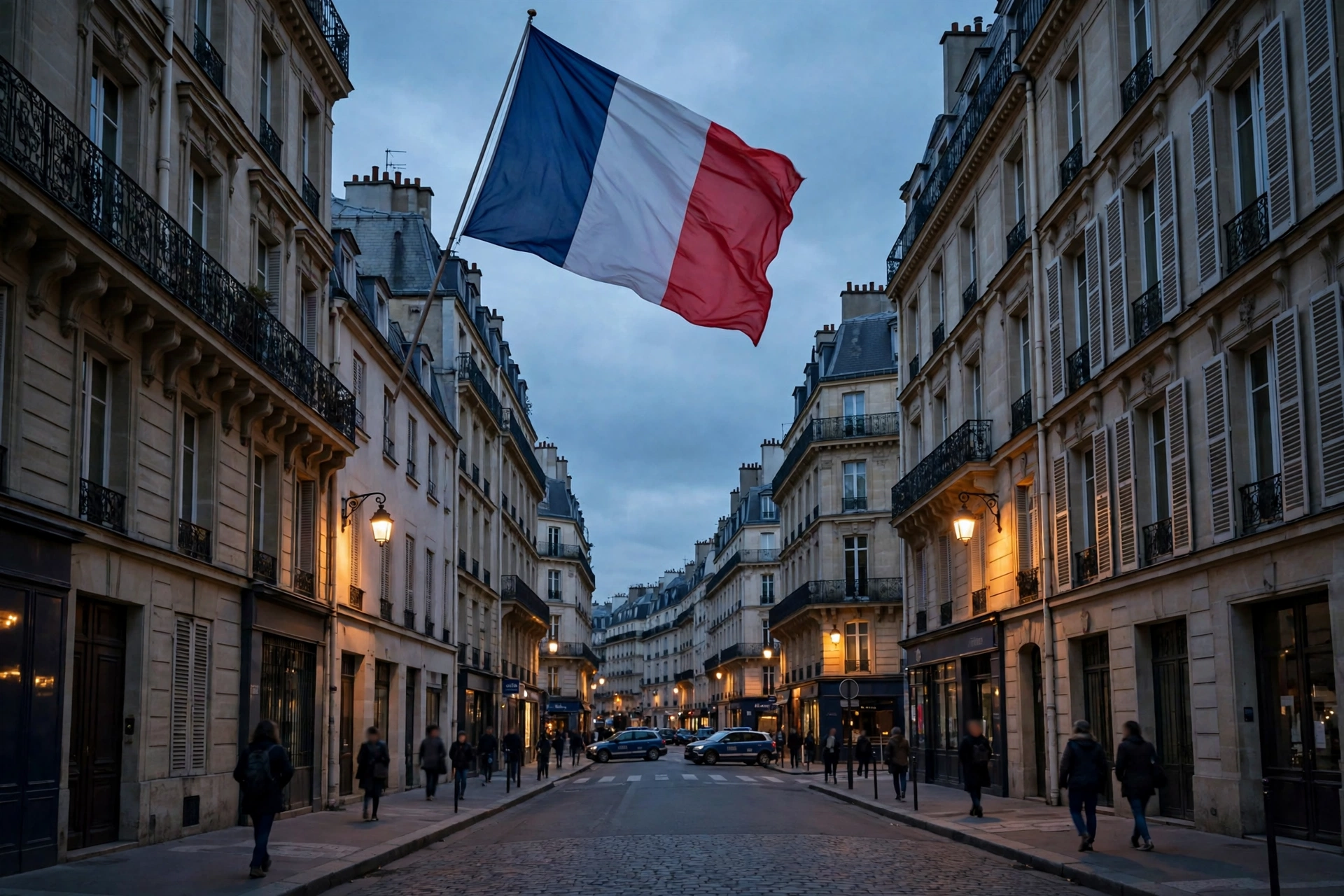 A French flag hanging above a Paris street at dusk, with stone buildings, street lamps, and pedestrians below