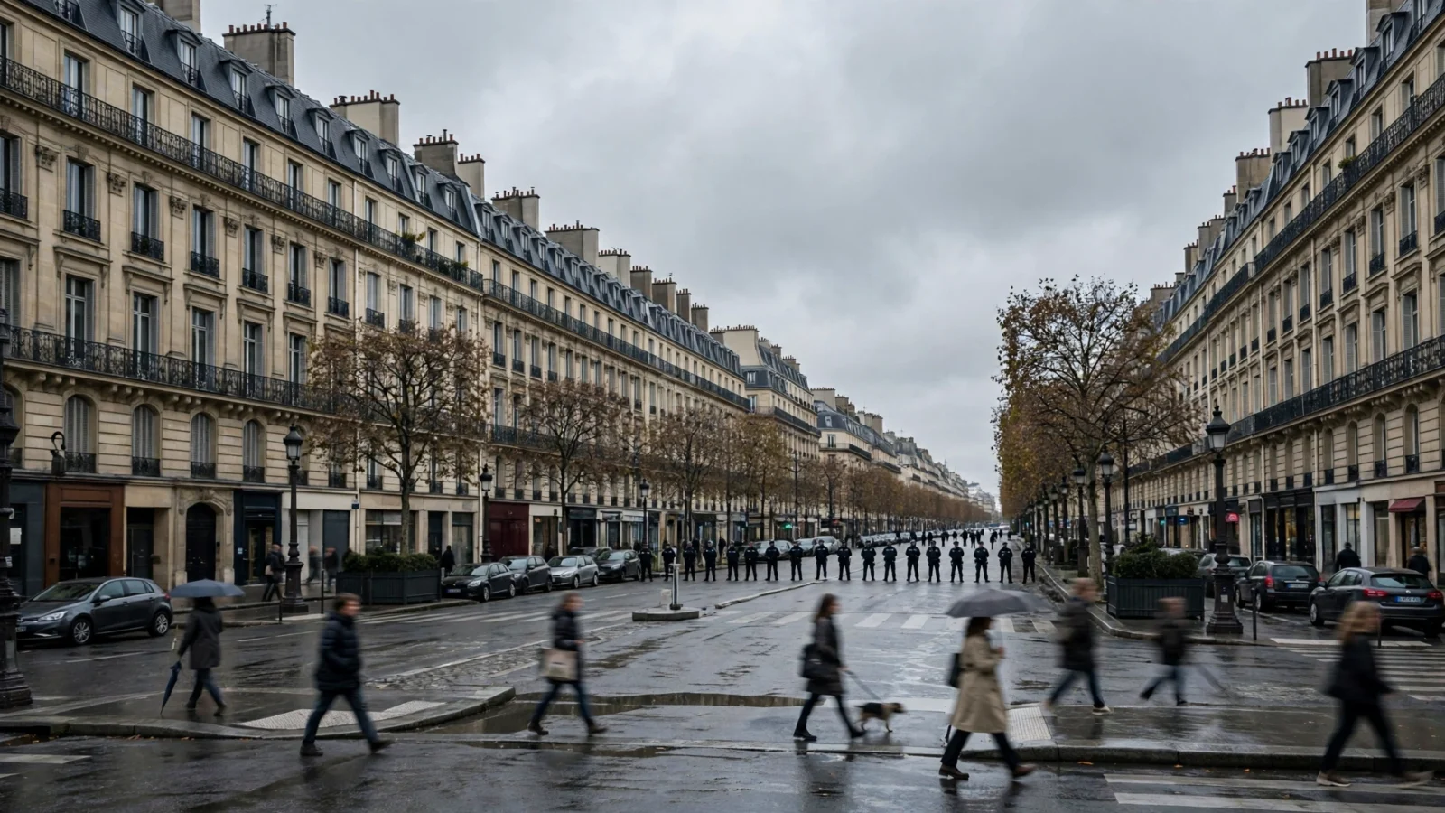 Police officers standing in a line across a wet Paris boulevard lined with stone apartment buildings as pedestrians cross in front