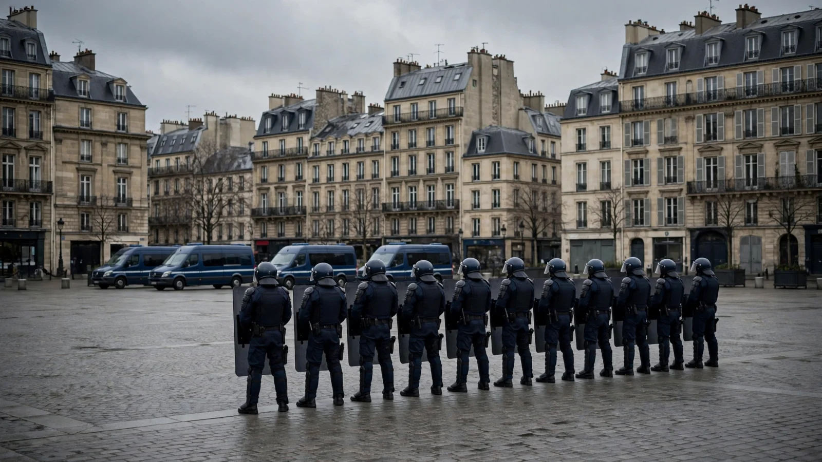 Riot police officers with shields stand in formation in a Paris public square, police vans behind them.