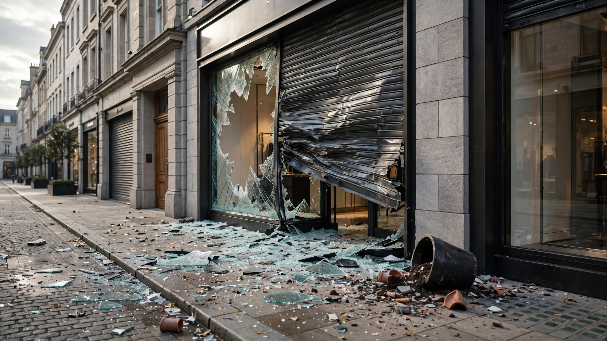 An upscale shop front with shattered glass and a buckled metal shutter, debris scattered on the sidewalk.