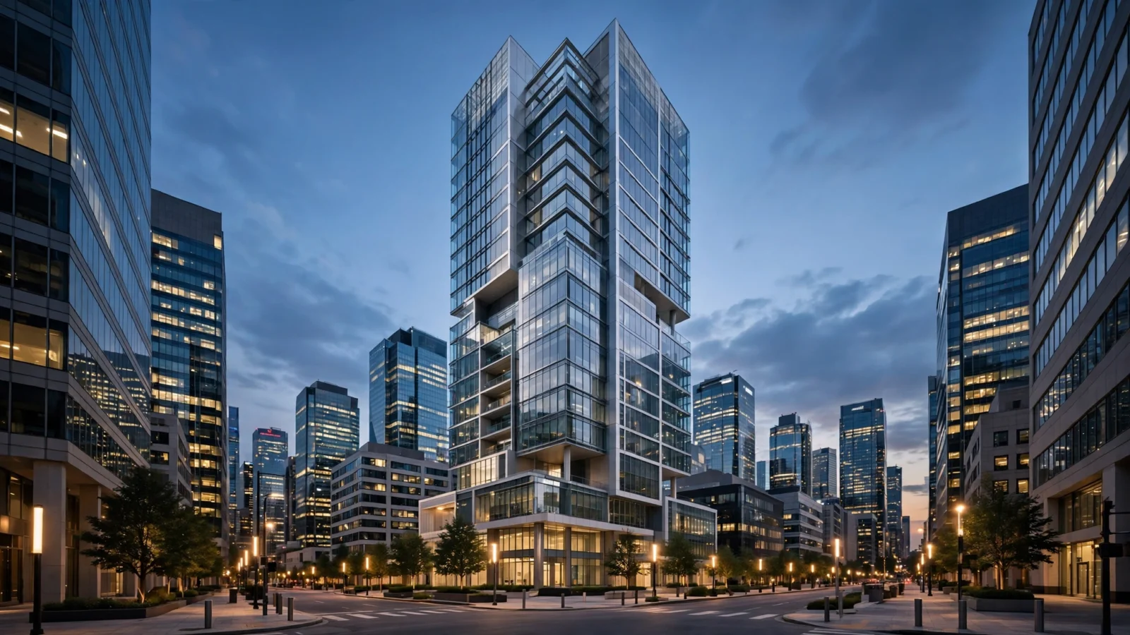Glass office towers in a central business district at dusk with street lights on