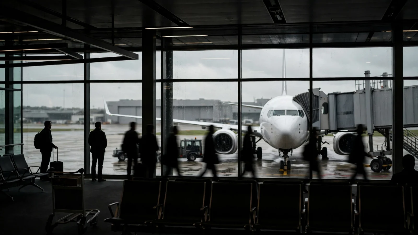 A white passenger airplane parked at an airport gate seen through terminal windows