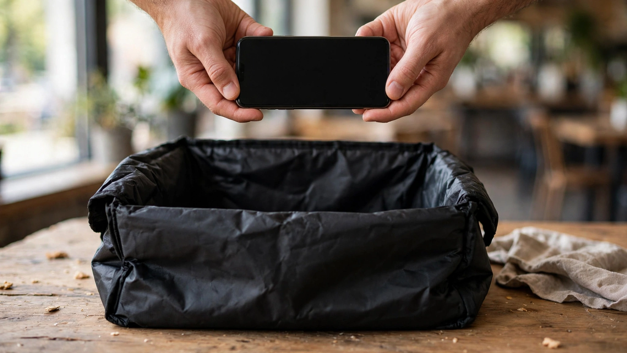 Two hands holding a smartphone with a blank dark screen above a black delivery bag on a table