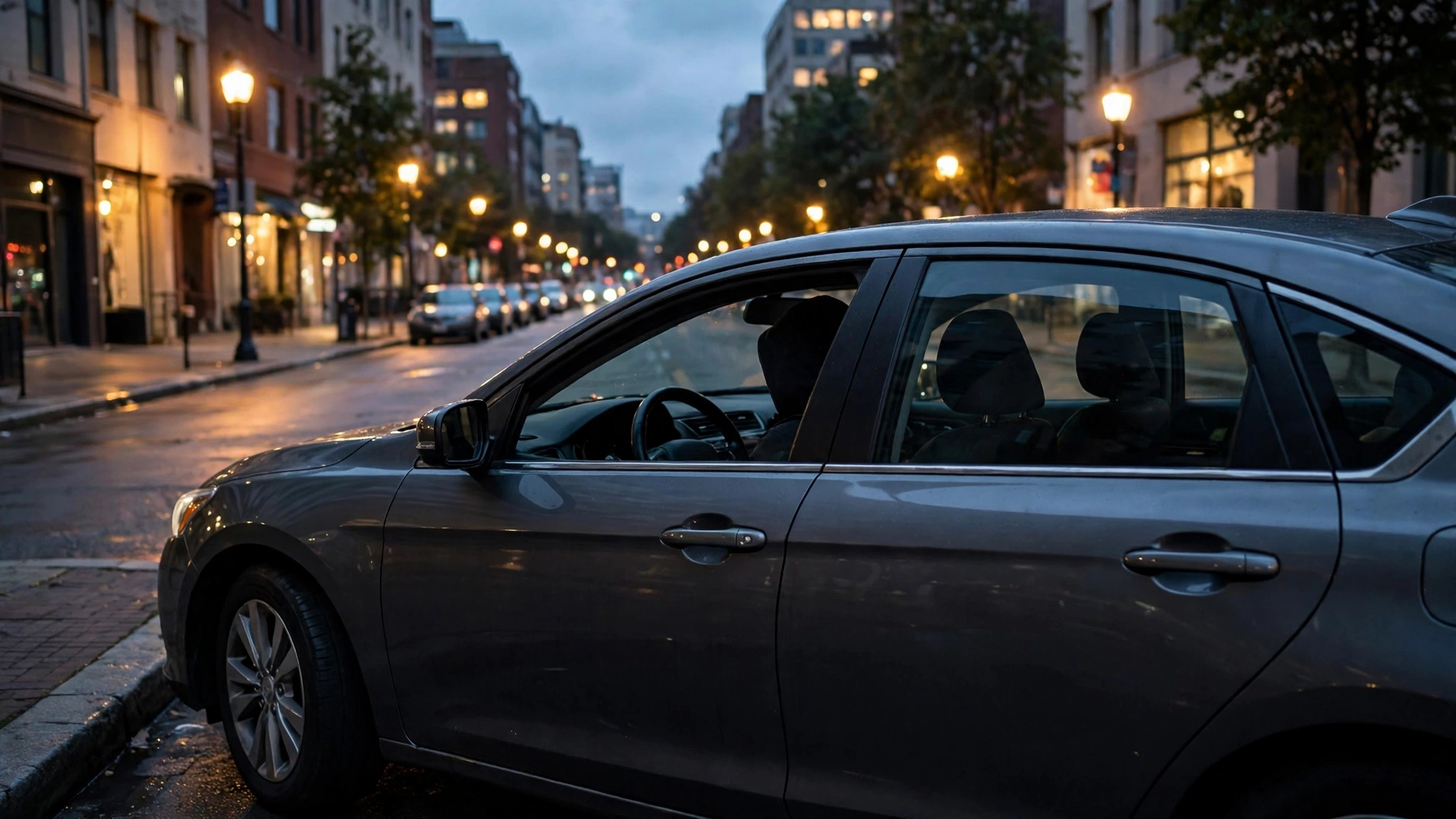 A dark car stopped at a city curb at dusk with street lights on