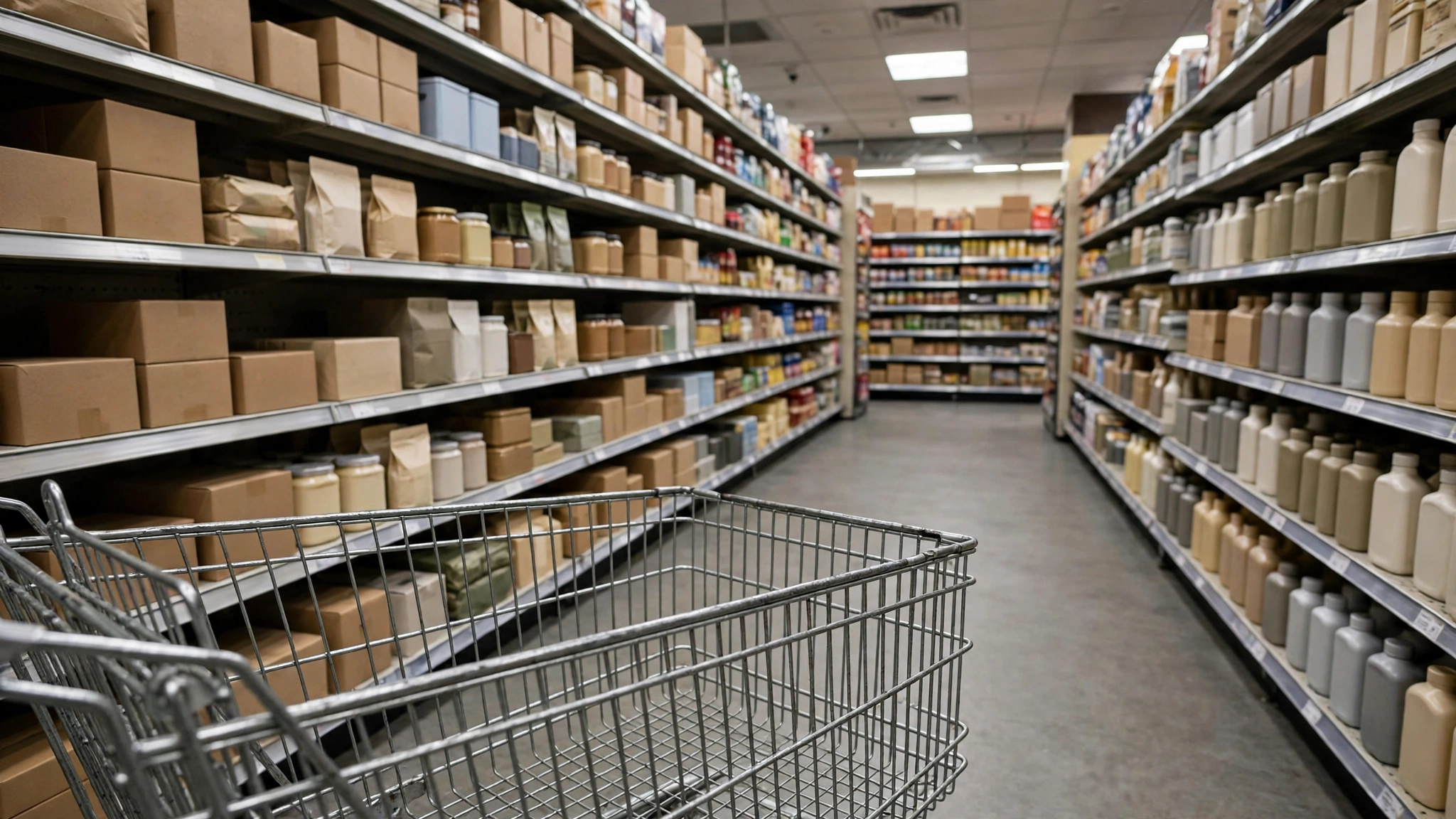 An empty shopping cart in a supermarket aisle lined with stocked shelves