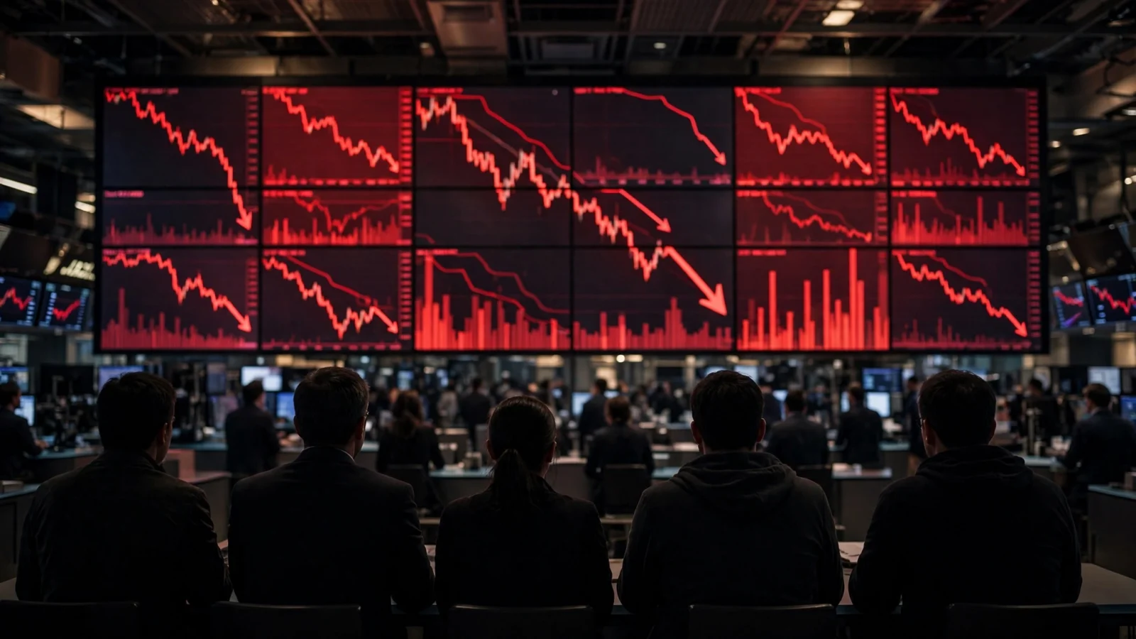 Traders seen from behind looking at large electronic screens showing red downward stock charts on a trading floor