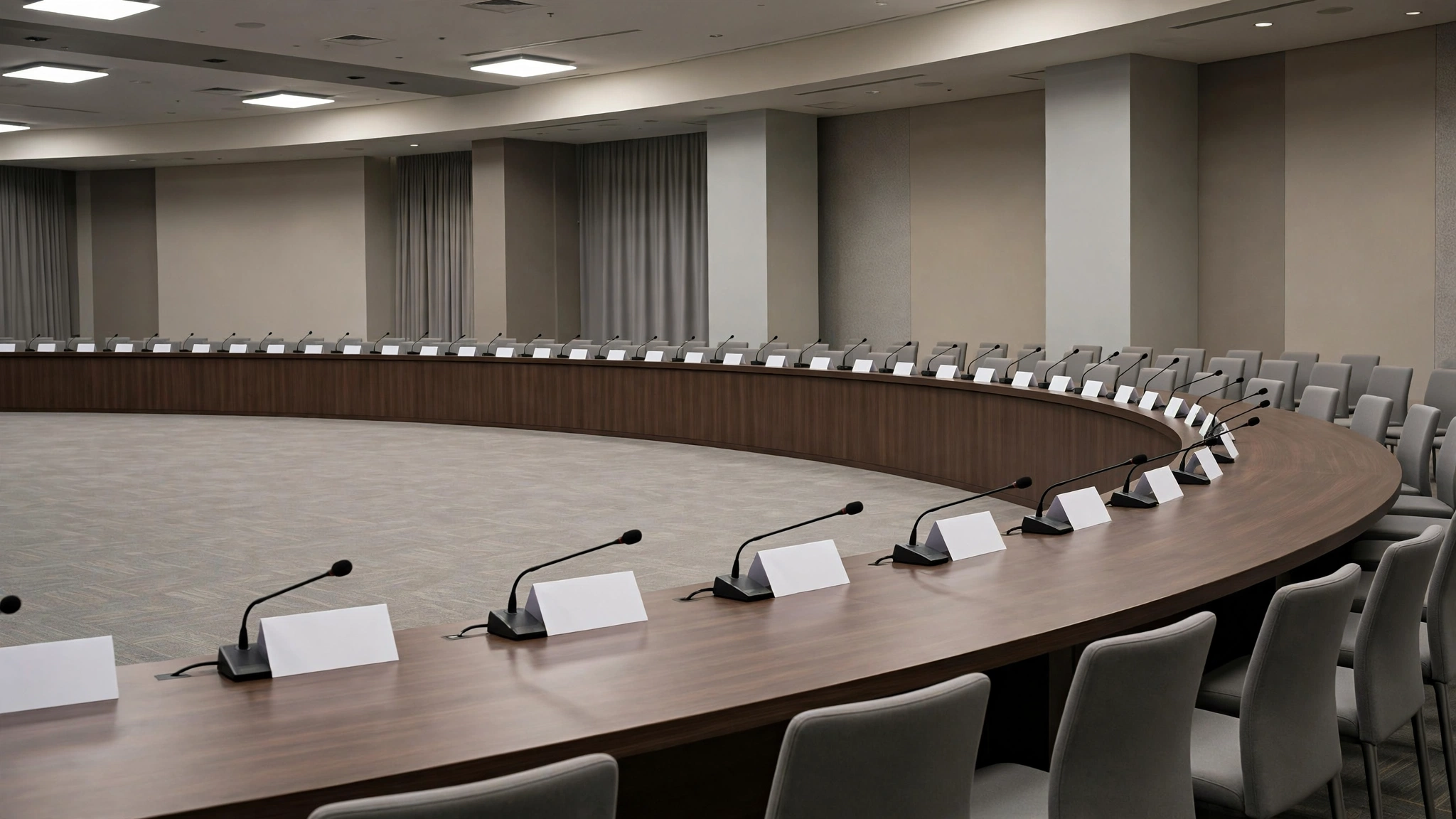 An empty conference hall with a long curved table, microphones and blank place cards