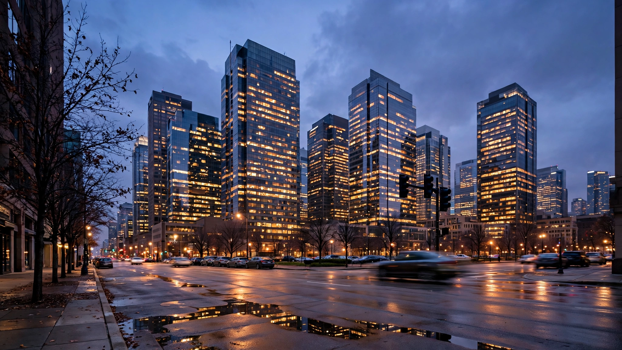 Office towers with lit windows along a city street at dusk