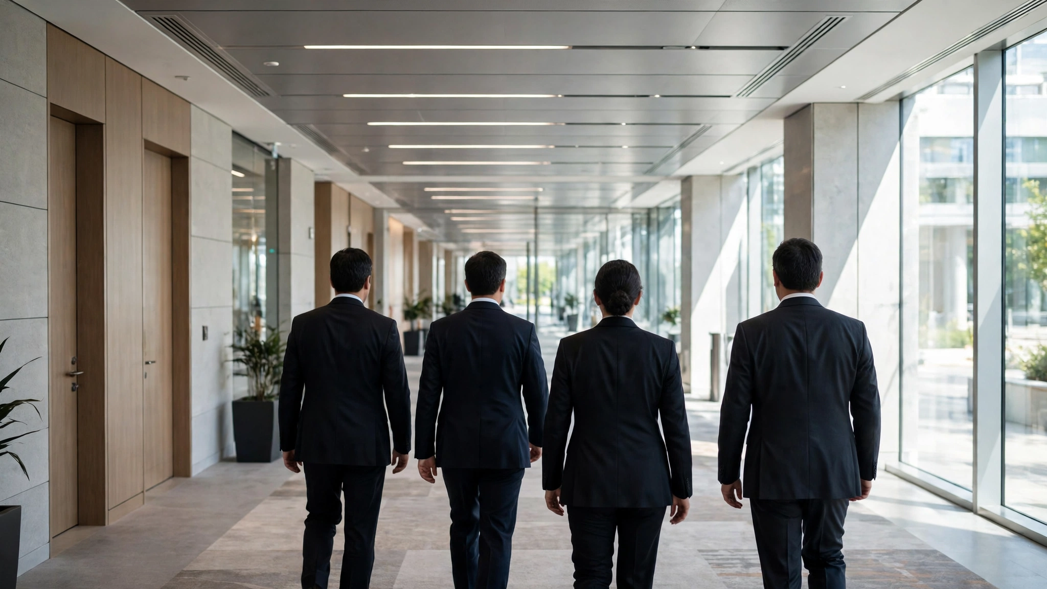 Four people in dark suits seen from behind walking down a conference center corridor