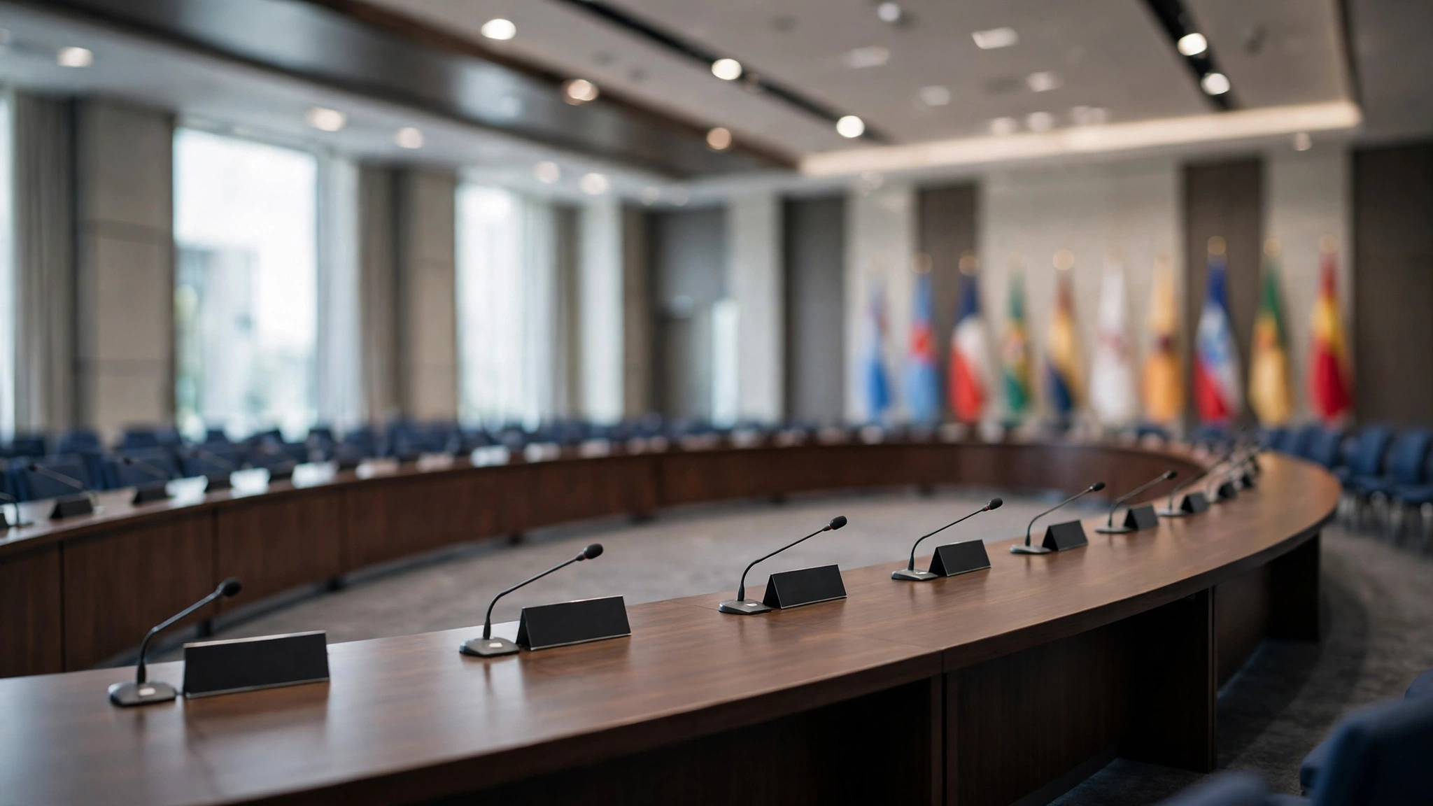 An empty round conference table with microphones and blank name cards, with national flags standing blurred in the background