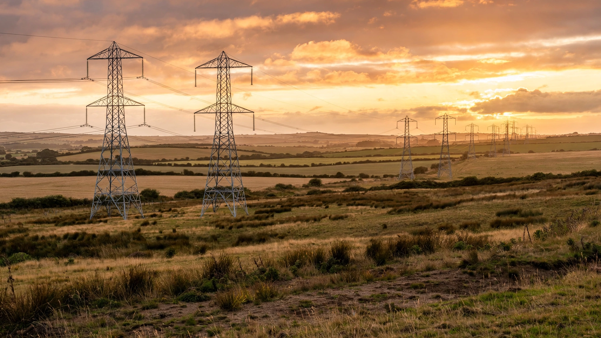 High-voltage power transmission towers standing in open fields under a sunset sky