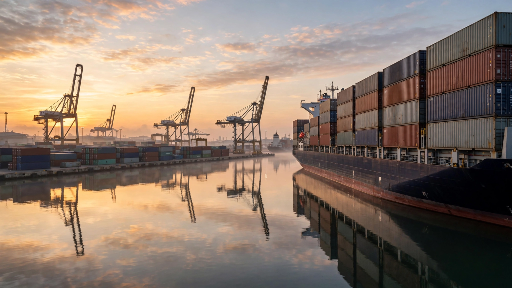 A container ship loaded with stacked shipping containers docked at a port at sunrise, with cranes along the waterfront