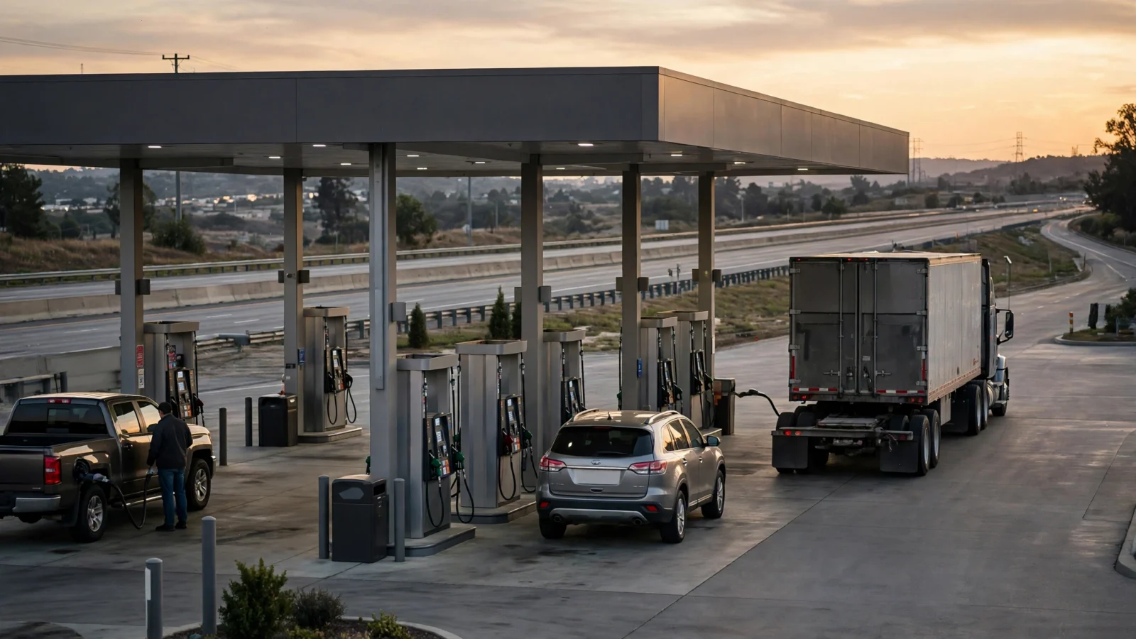 A busy highway-side gas station at dusk with cars and a truck at fuel pumps beside an interstate highway.