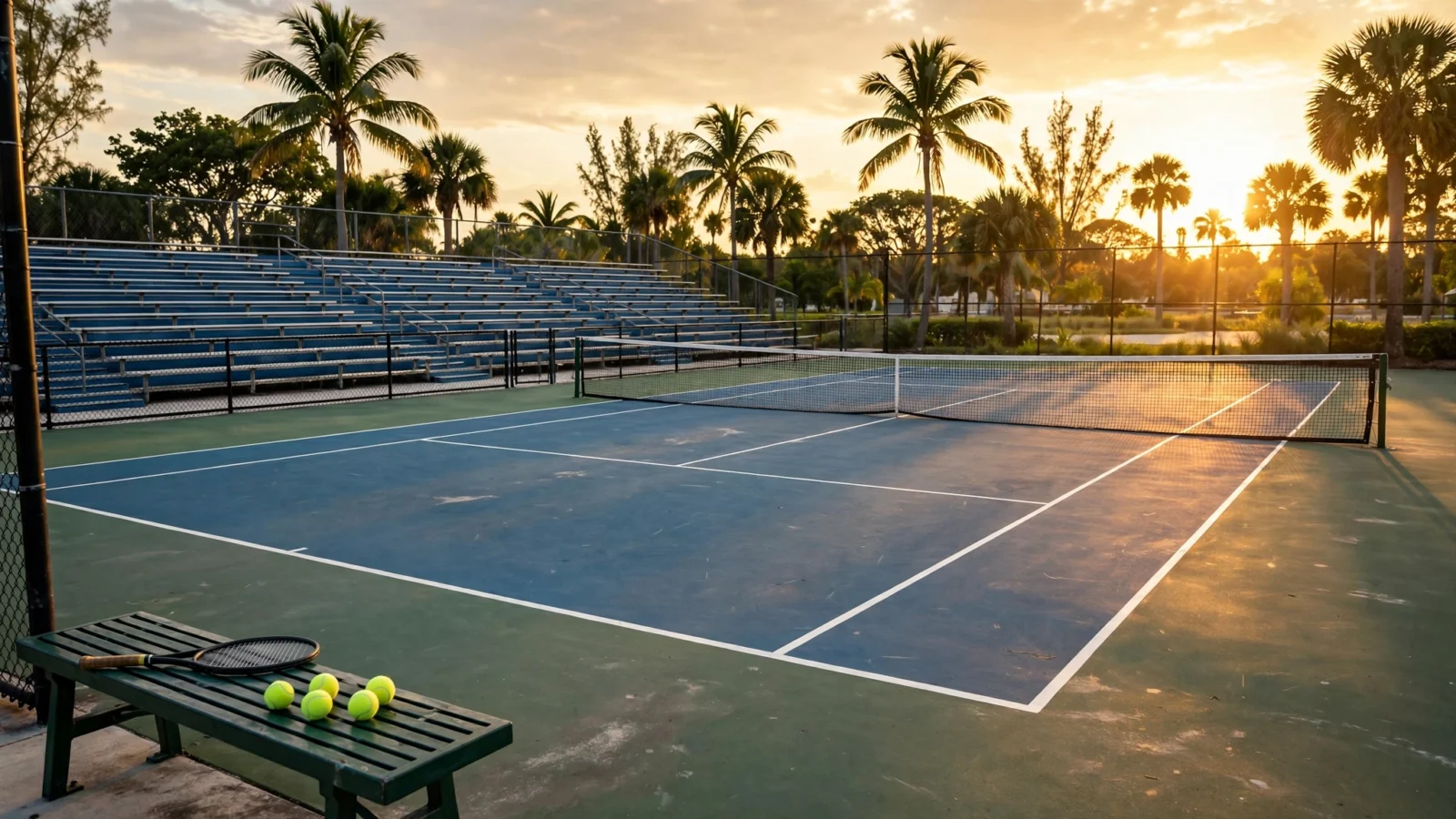 An empty blue and green outdoor hard tennis court at sunset in Florida, with palm trees, bleachers, a net across the court, and a racket and tennis balls resting on a bench in the foreground