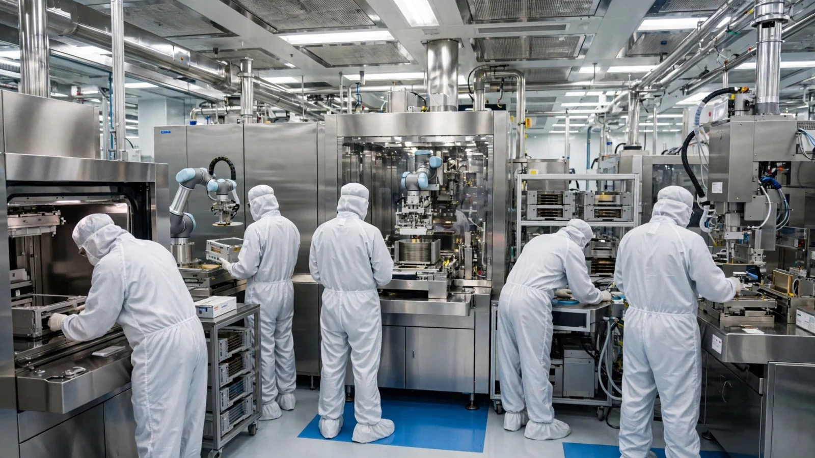 Technicians in white cleanroom suits operating semiconductor manufacturing equipment