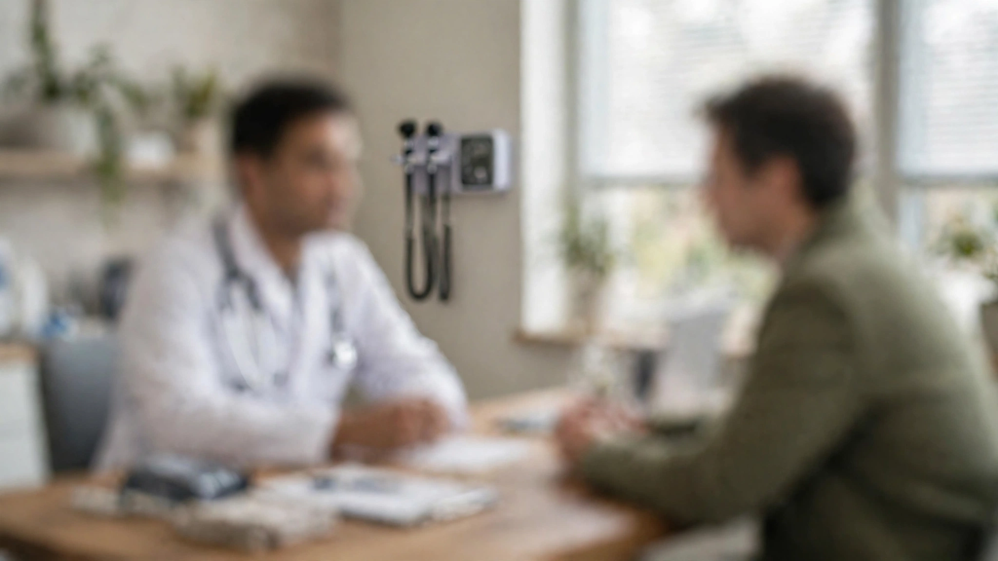 A doctor consulting with a patient at a clinic desk.