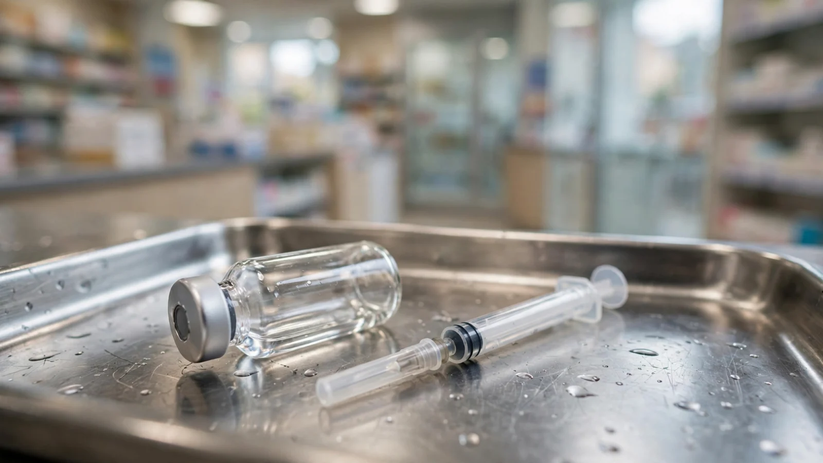 A glass medicine vial and a syringe resting on a stainless steel tray in a pharmacy.