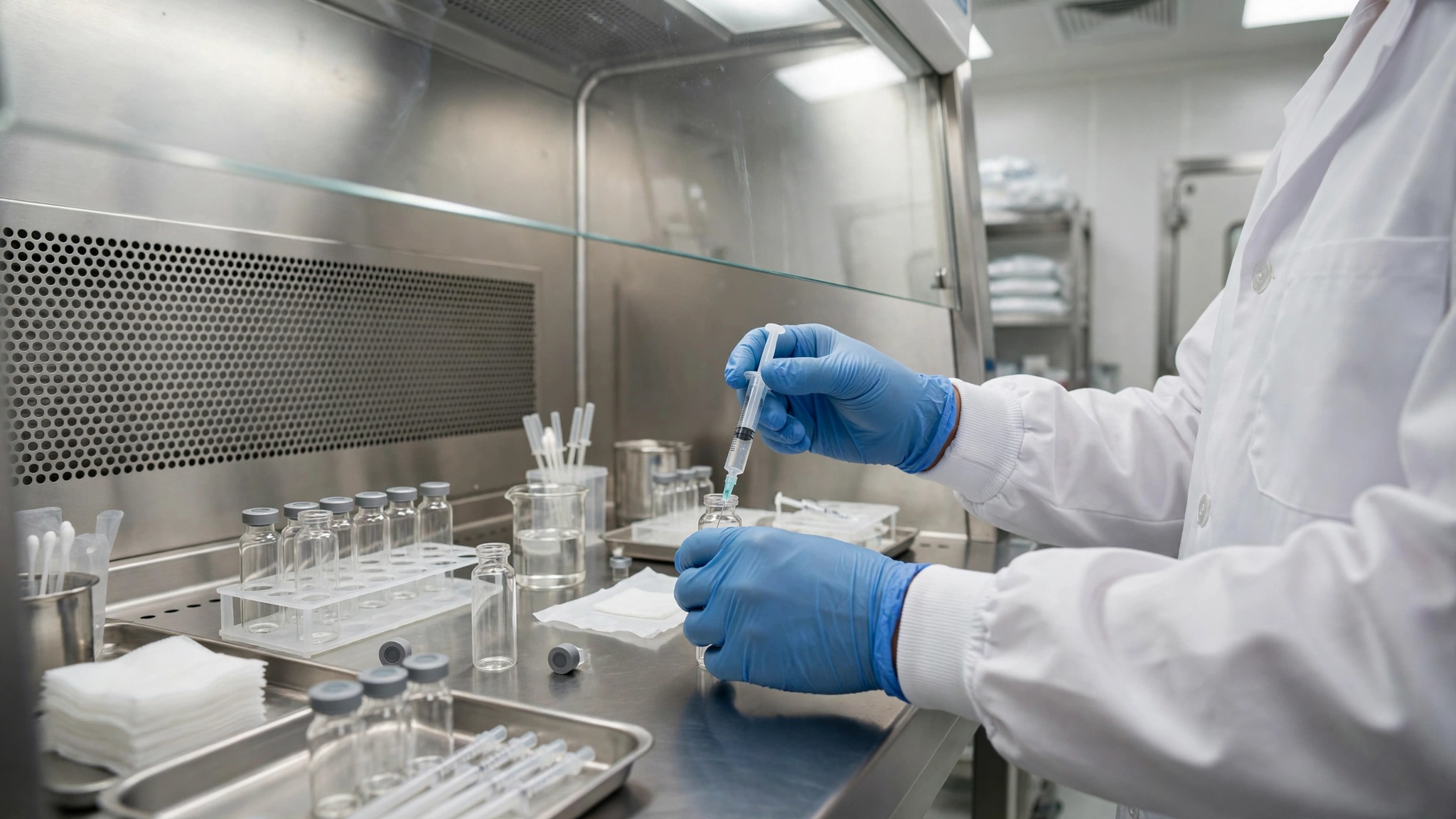 Gloved hands of a technician preparing vials at a sterile workbench in a compounding pharmacy cleanroom.