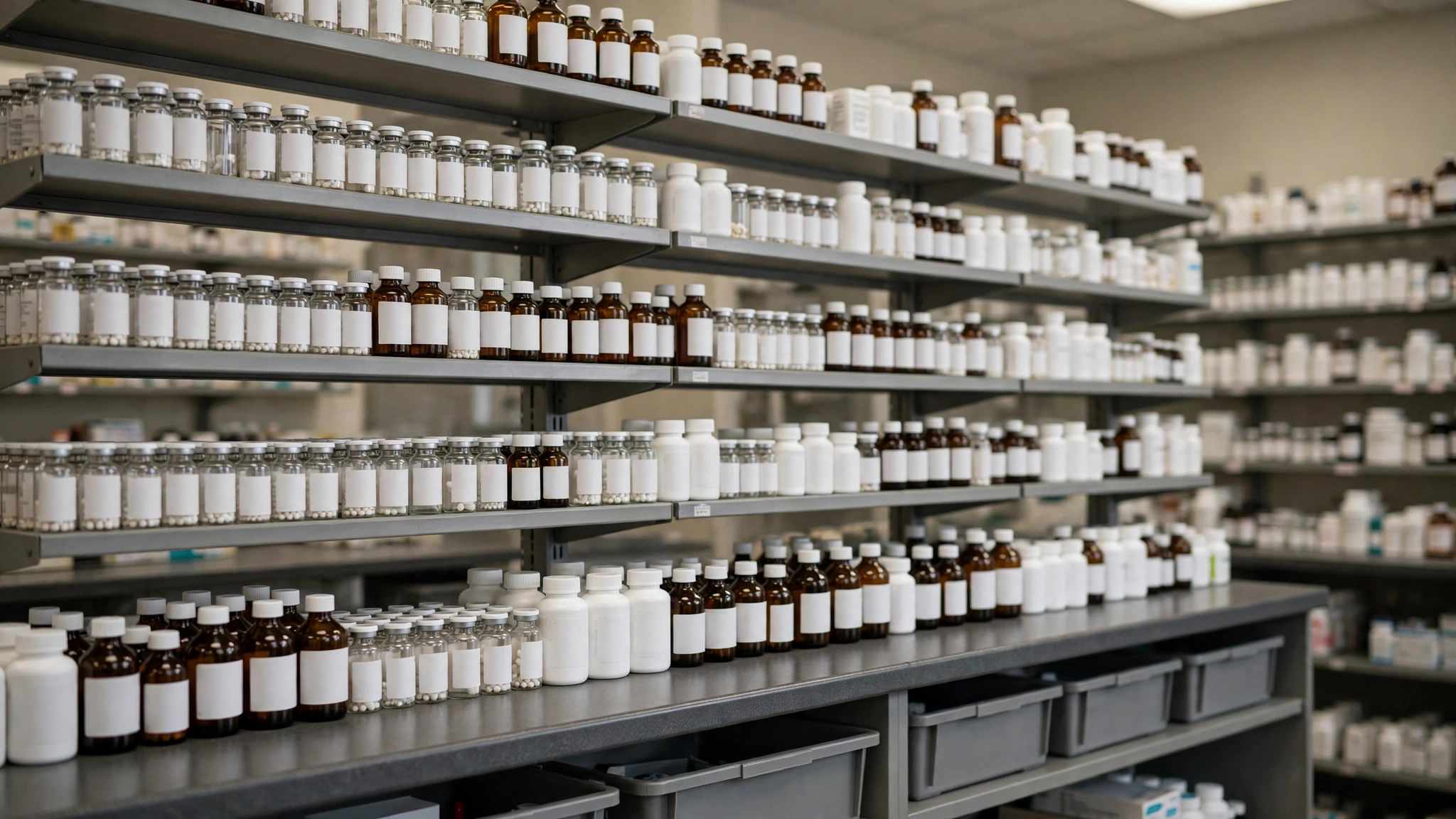 Shelves of unlabeled medication vials and bottles in a pharmacy dispensary.