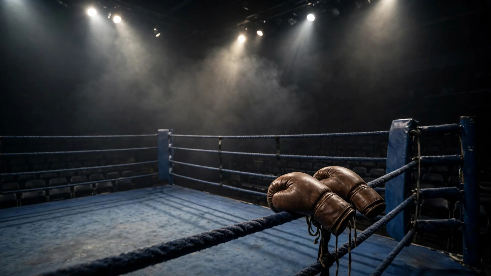 A dark, empty boxing ring under spotlights with a pair of worn leather boxing gloves resting on the ropes