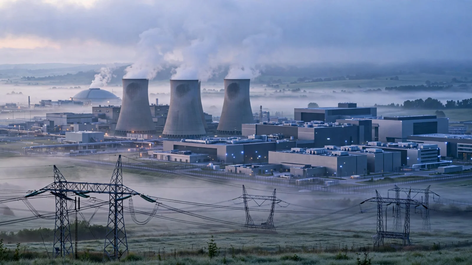 Nuclear power plant cooling towers and data center buildings at dawn with transmission towers in the foreground