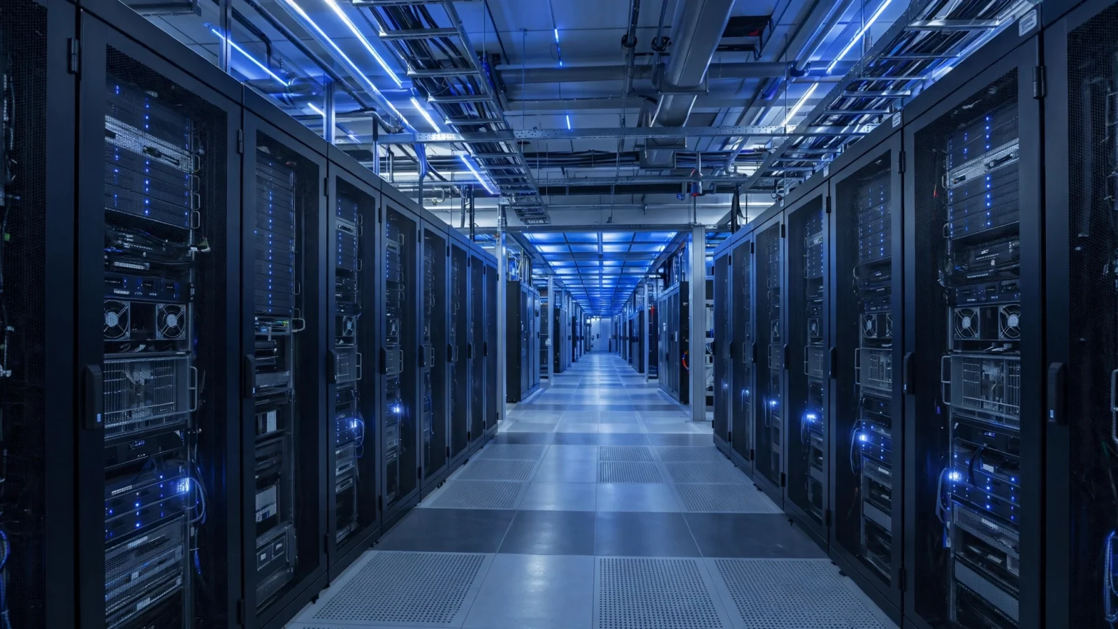 Rows of server racks with blue lights in a modern data center corridor