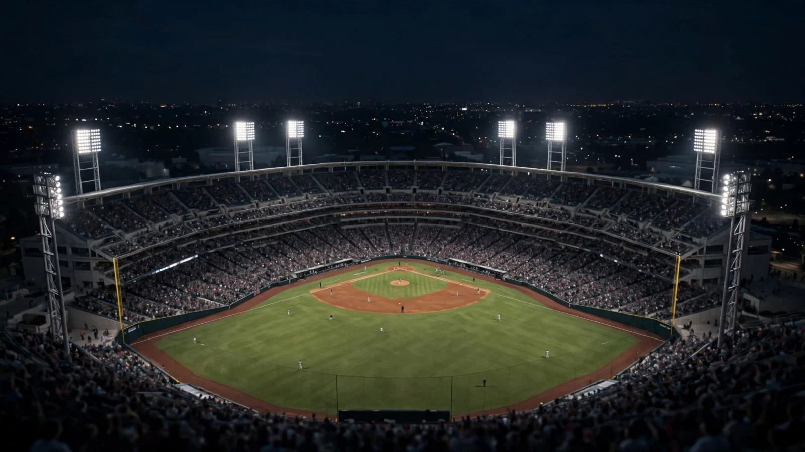 A crowded baseball stadium at night under bright floodlights, with the diamond lit and small distant players on the field.