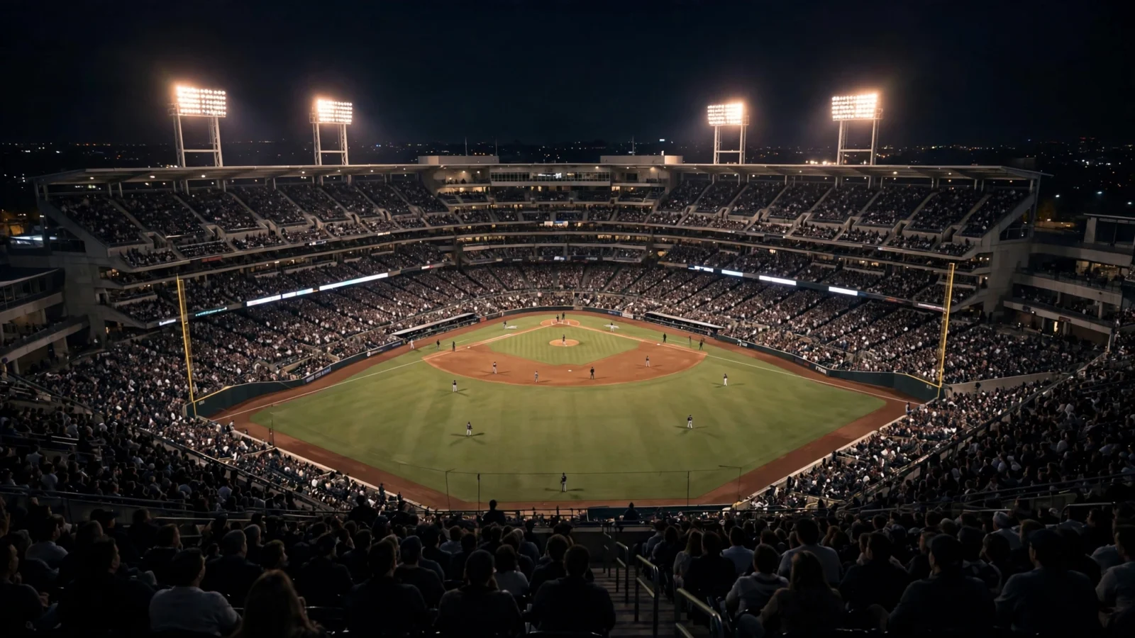 Wide night view of a crowded professional baseball stadium under floodlights during a game