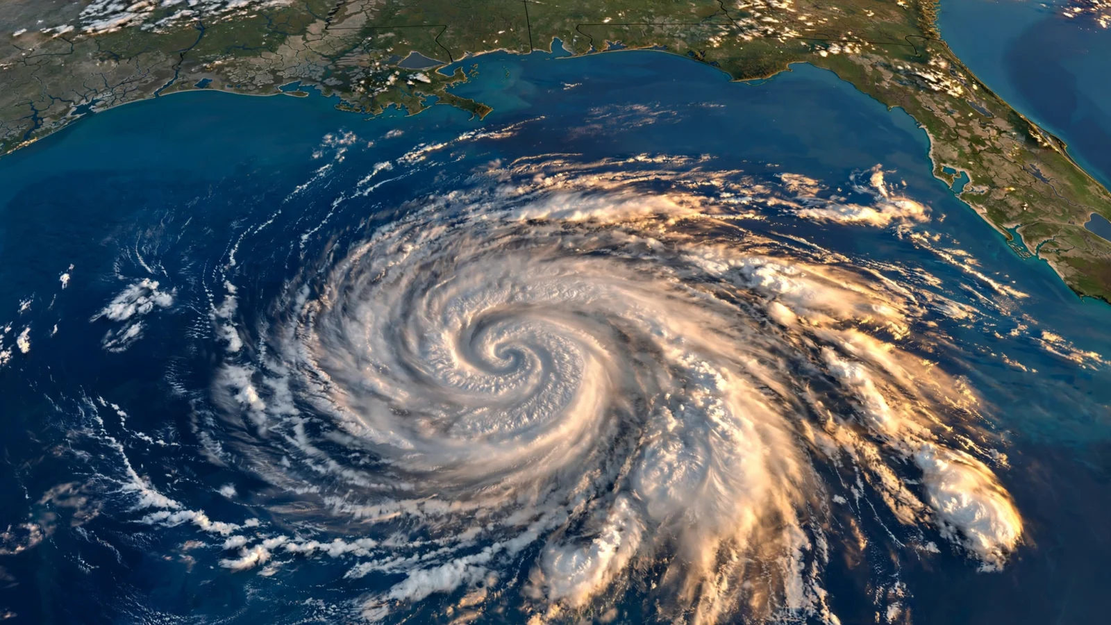 Satellite-style view of a spiral tropical cyclone over the Gulf of Mexico with the Florida peninsula and northern Gulf Coast visible at the top of the frame.
