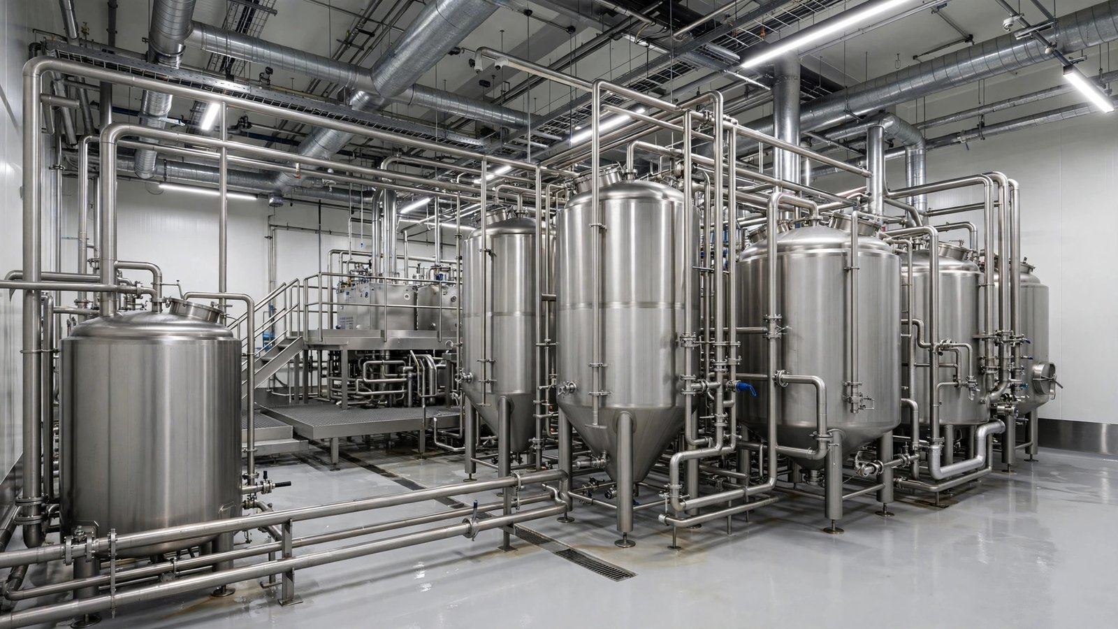 Stainless steel tanks and pipes inside a dairy processing plant