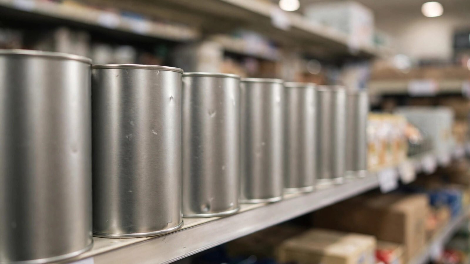 A row of unbranded metal infant formula cans lined up on a supermarket shelf
