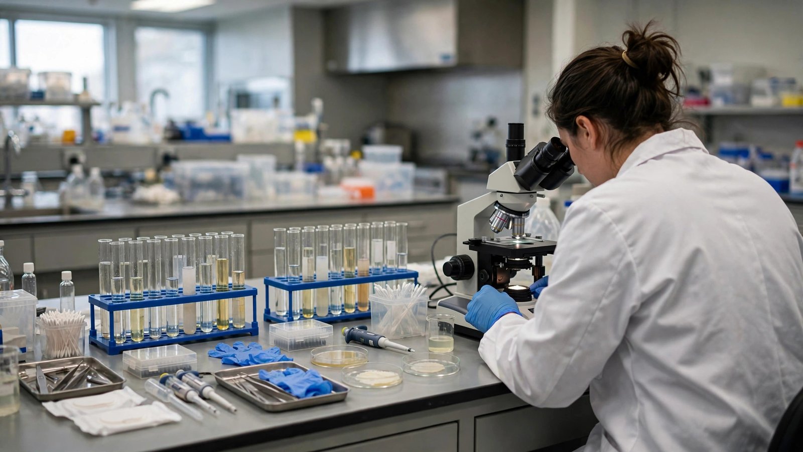 A laboratory technician in a lab coat examining samples through a microscope