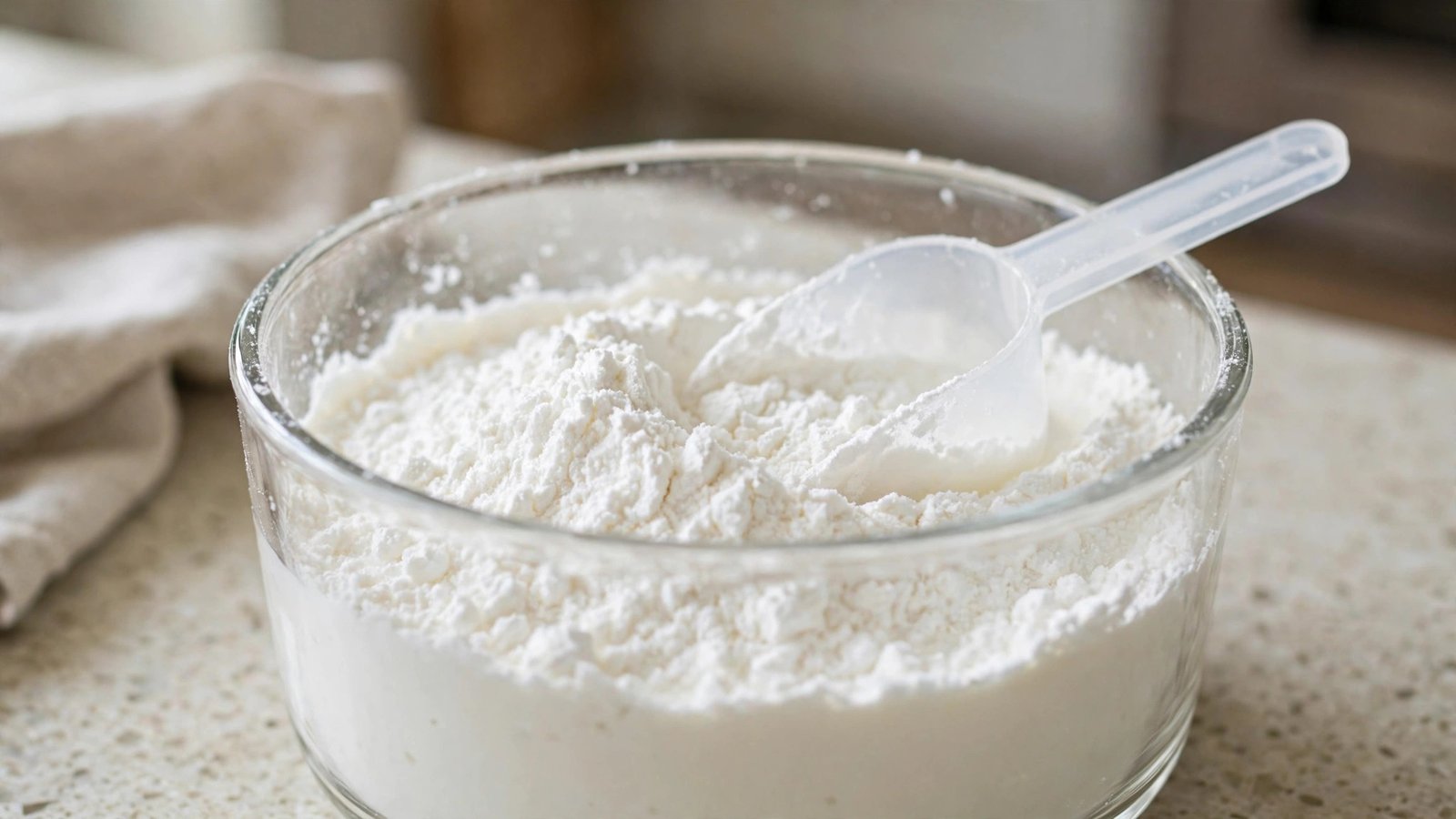White milk powder in an open glass container with a plastic scoop