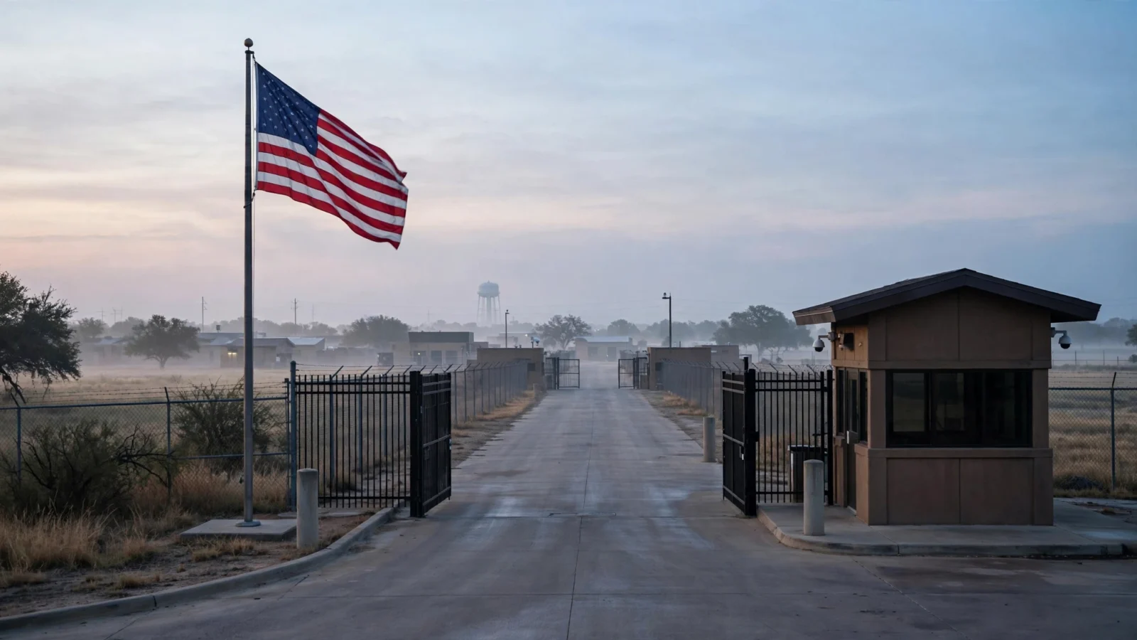 Entrance to a U.S. Army base at dawn with an American flag beside an empty access road and guardhouse