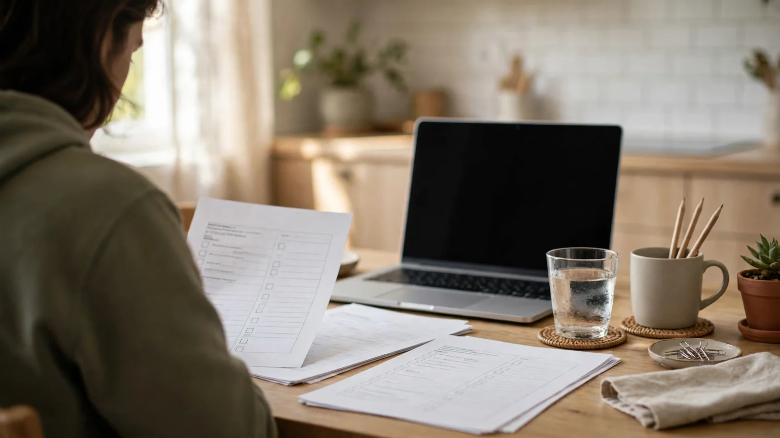 A person reviews health insurance forms beside a laptop at a kitchen table
