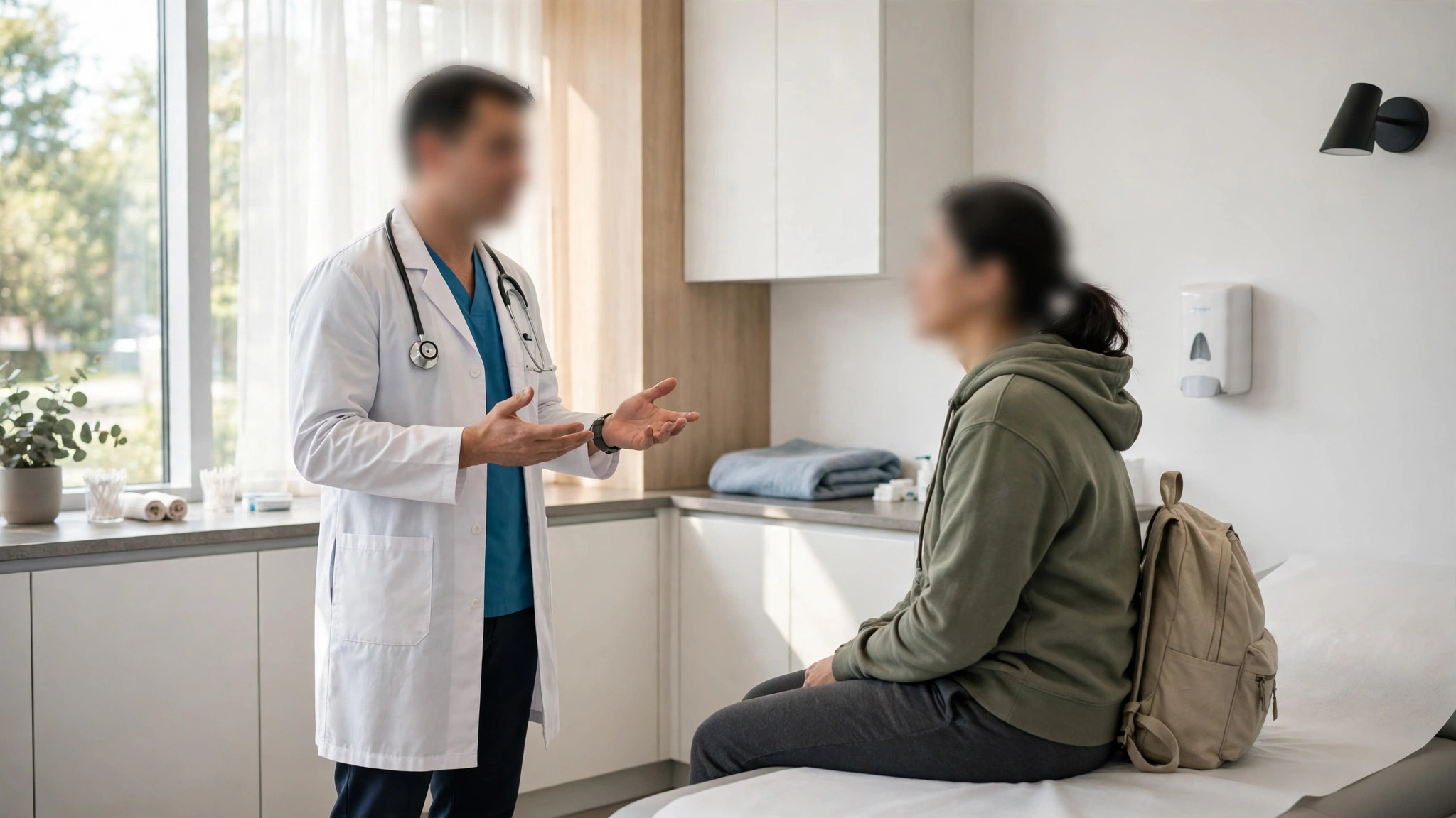 A doctor talks with a patient in a bright clinic exam room