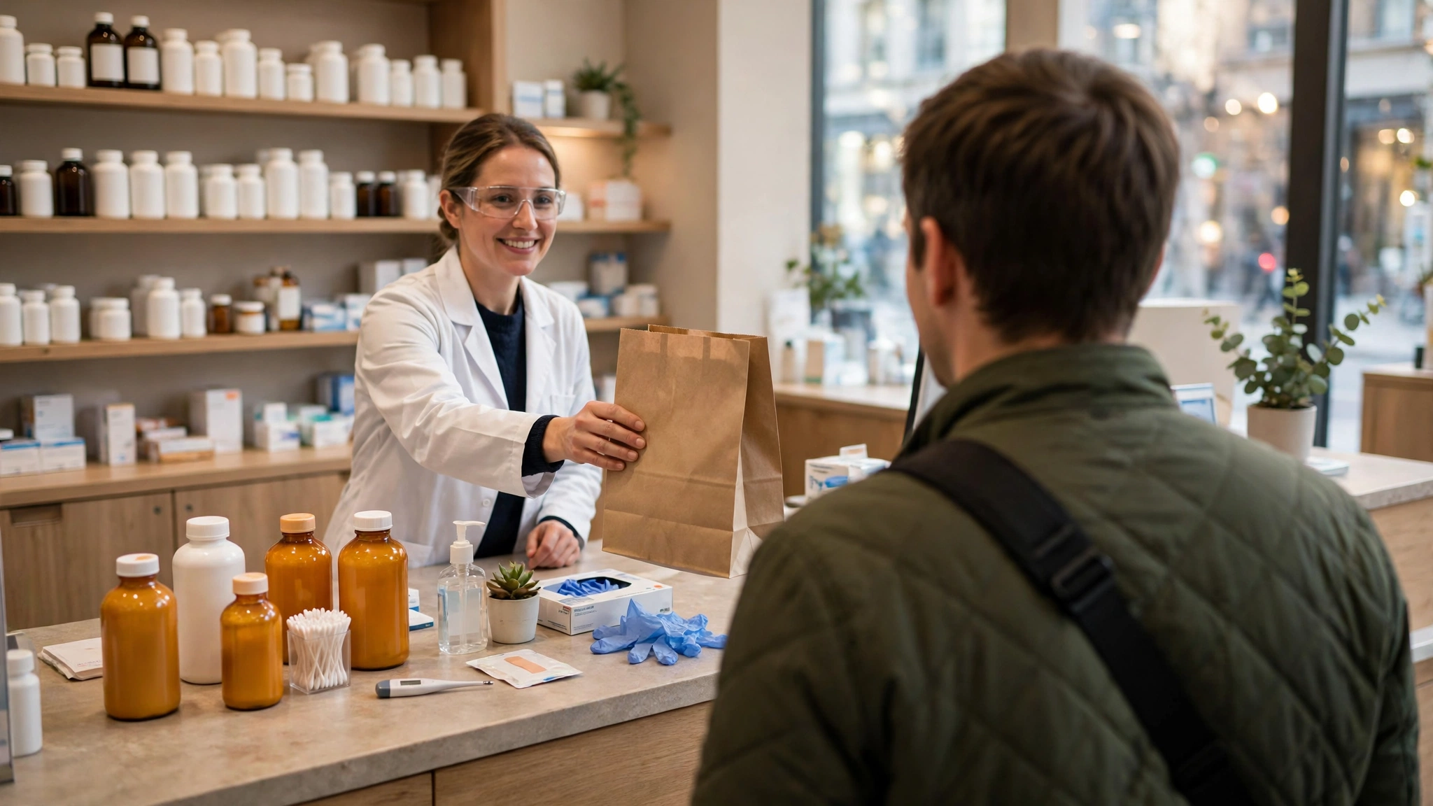 A pharmacist hands a paper bag to a customer at a pharmacy counter