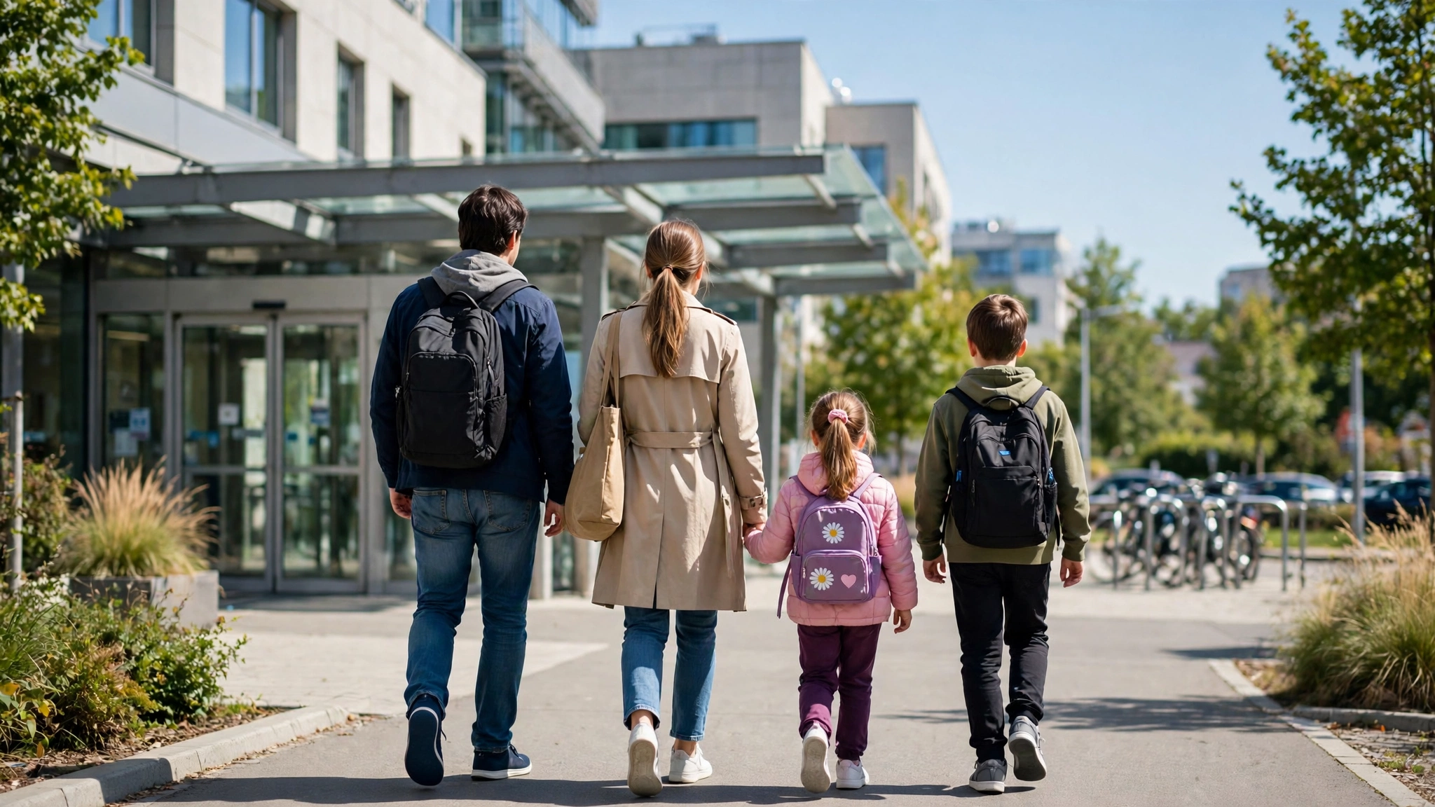 A family walks toward the entrance of a modern medical building