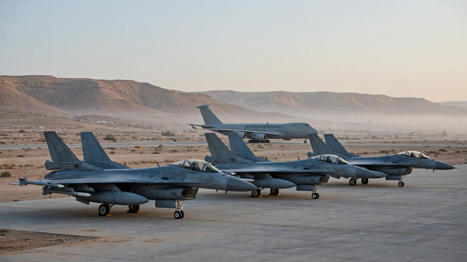 Fighter jets and a refueling tanker aircraft parked on a desert air base tarmac at dawn, with desert hills behind.