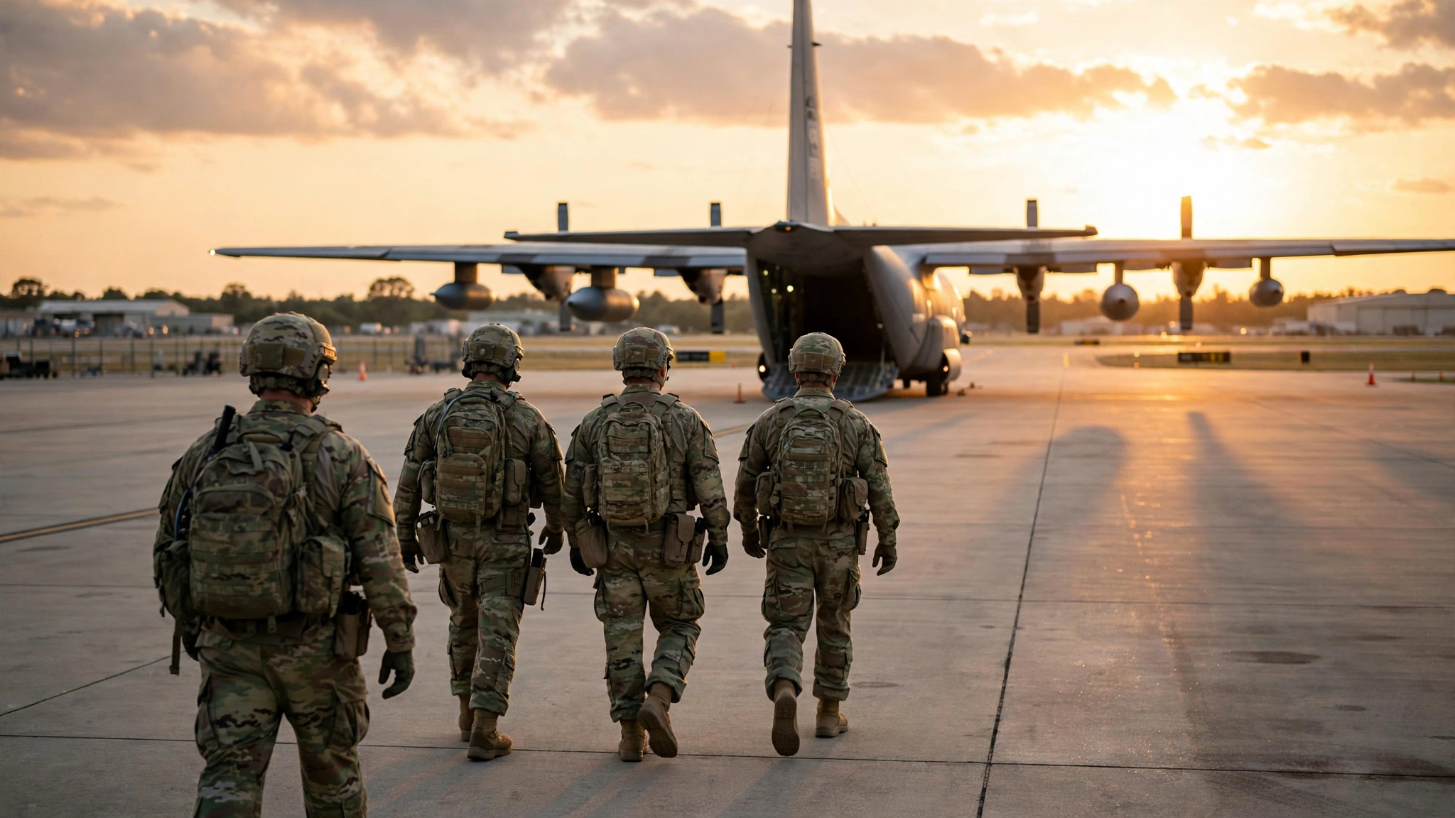 Four uniformed service members seen from behind walking toward a military transport aircraft at sunset.