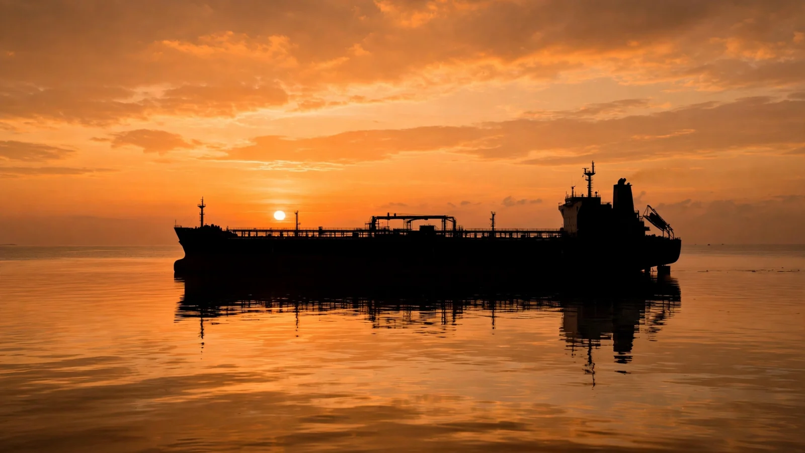An oil tanker silhouetted against an orange sunset on open water