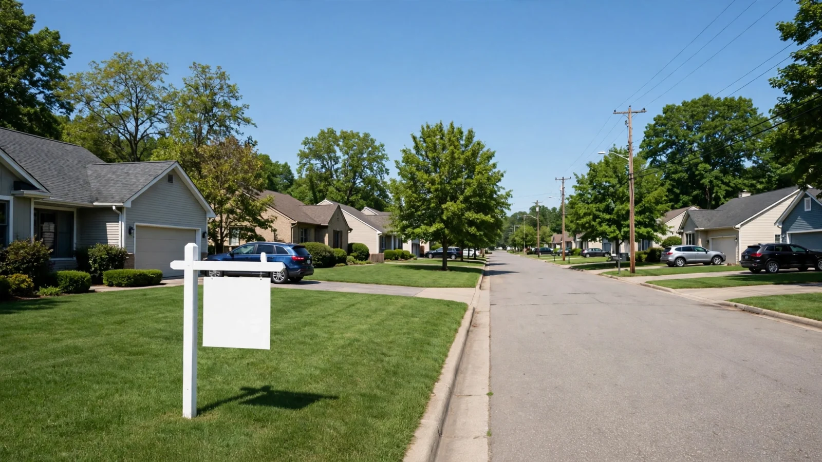 A blank white real-estate sign stands in the front yard of a house on a quiet tree-lined suburban street.