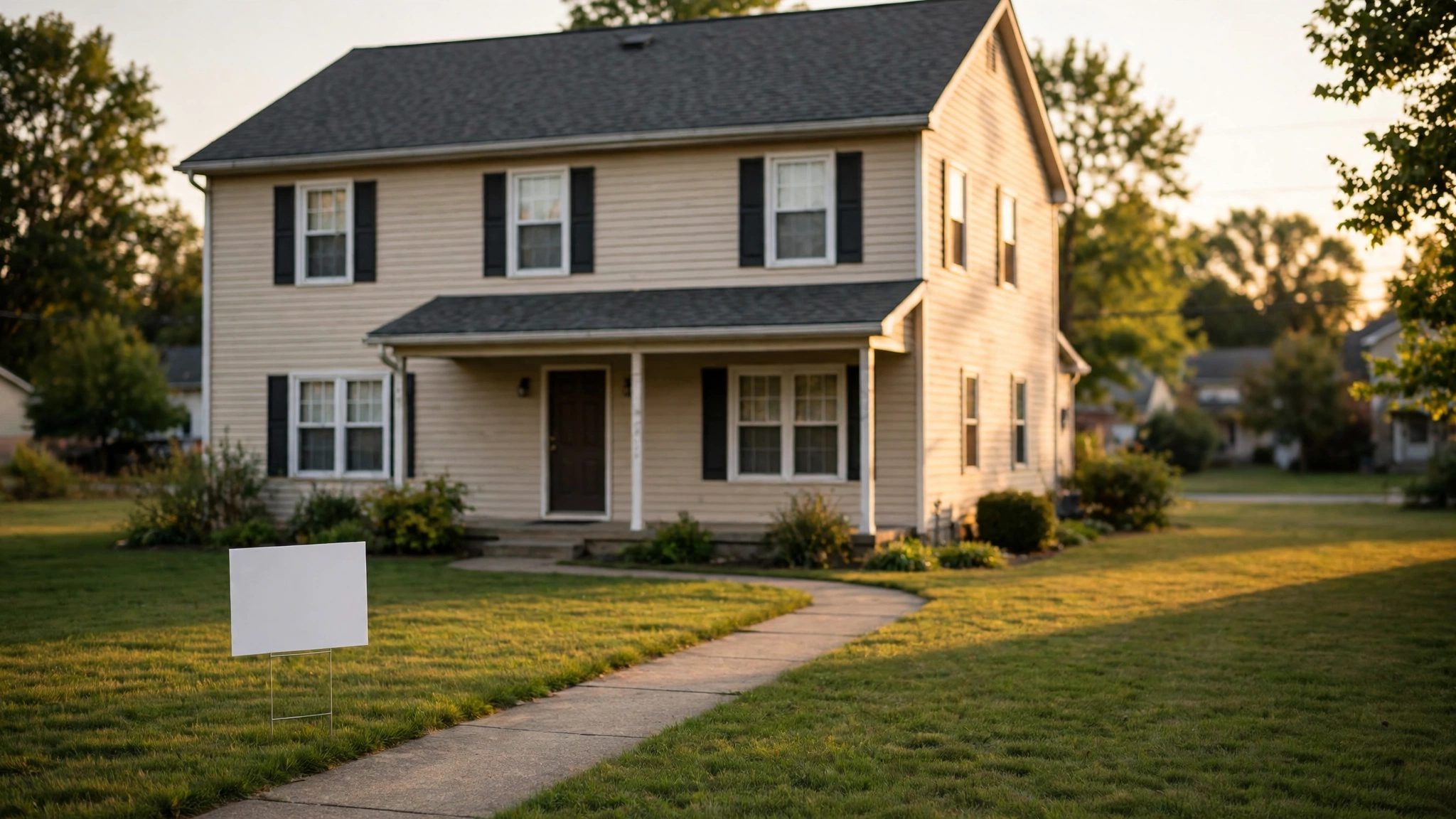A two-story suburban house with a blank yard sign in its front lawn, photographed at sunset.