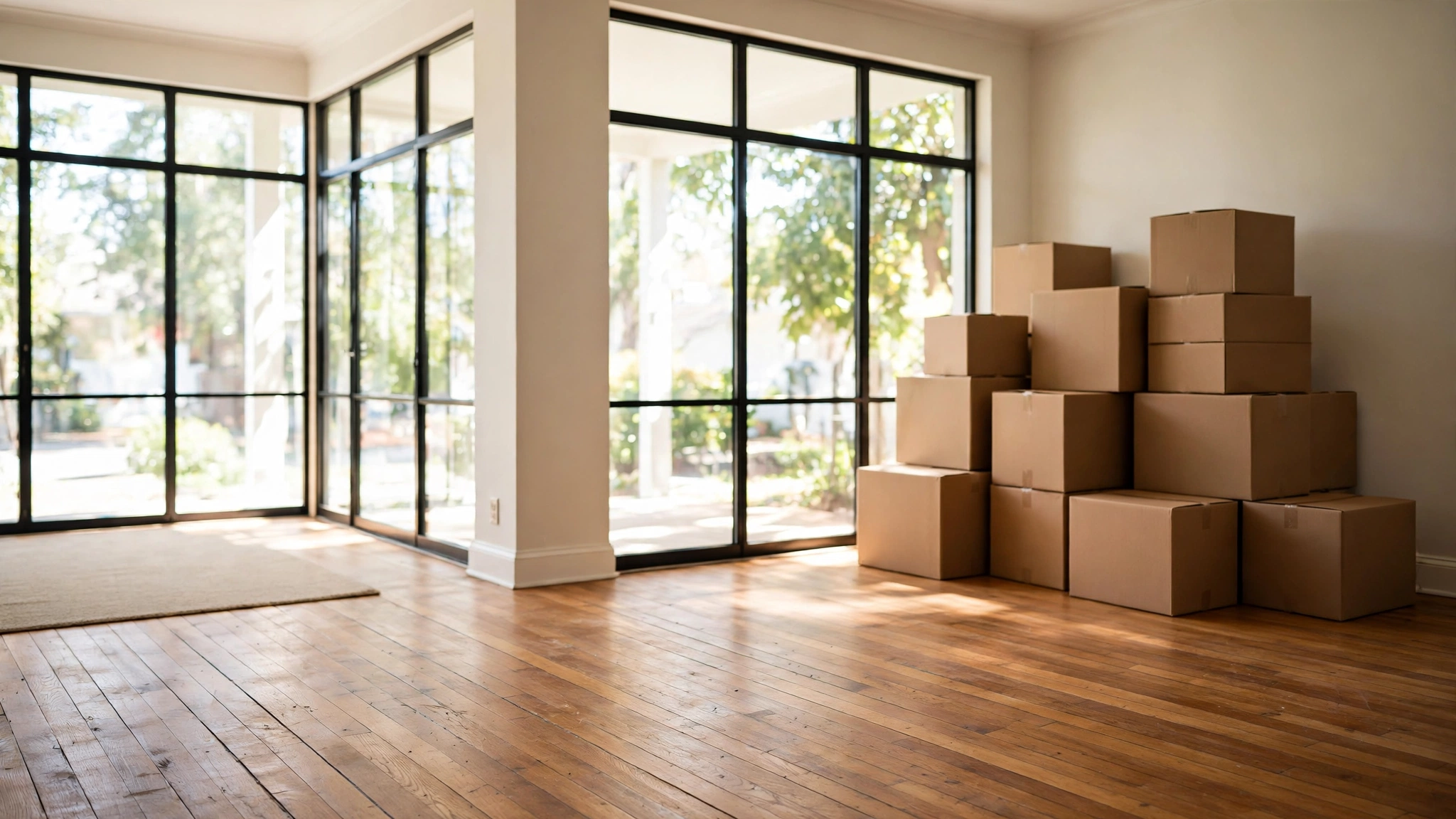 Stacked cardboard moving boxes in a sunlit empty living room with hardwood floors.