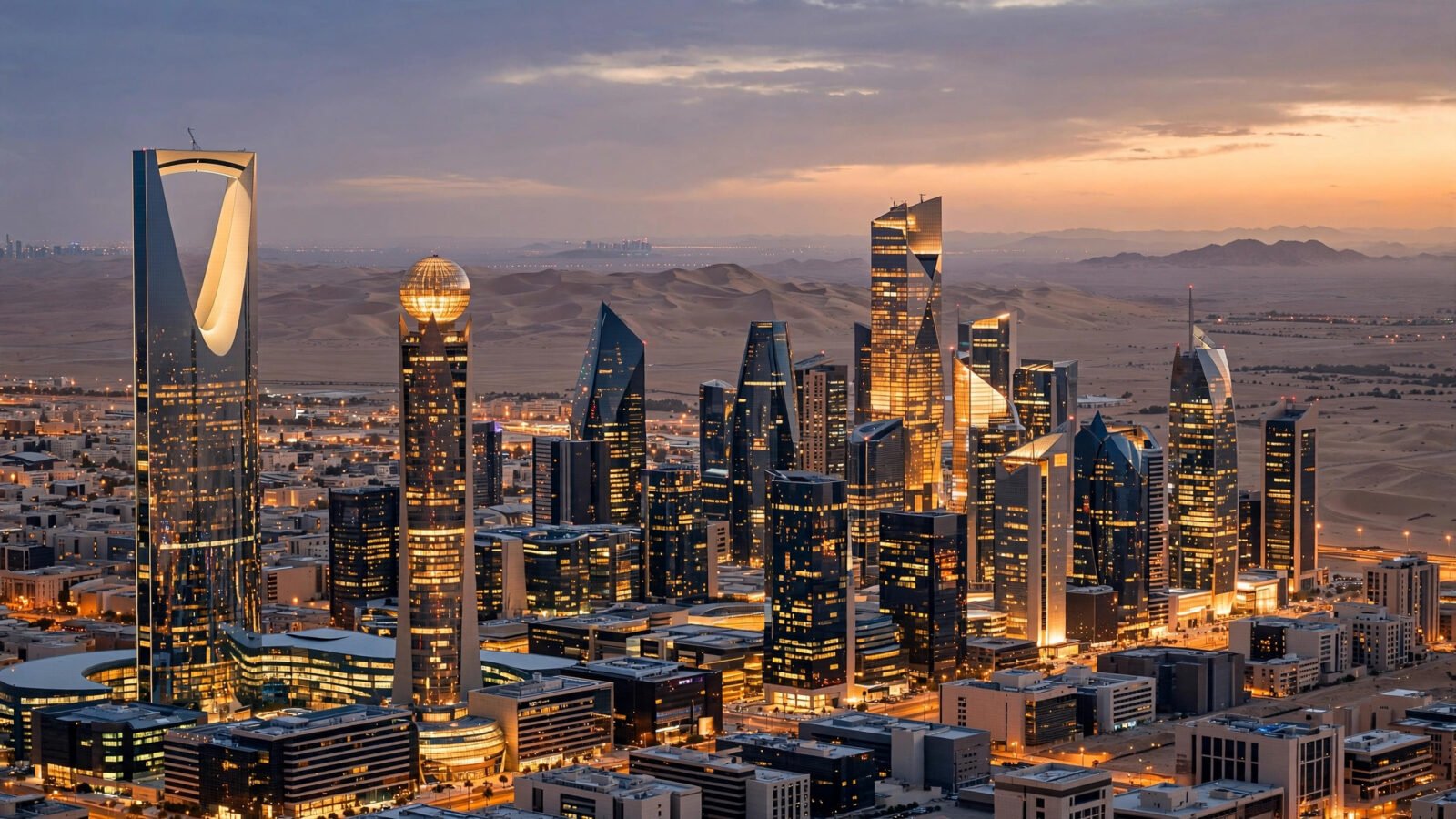 The Riyadh, Saudi Arabia skyline at dusk, with modern glass towers glowing against a desert horizon.