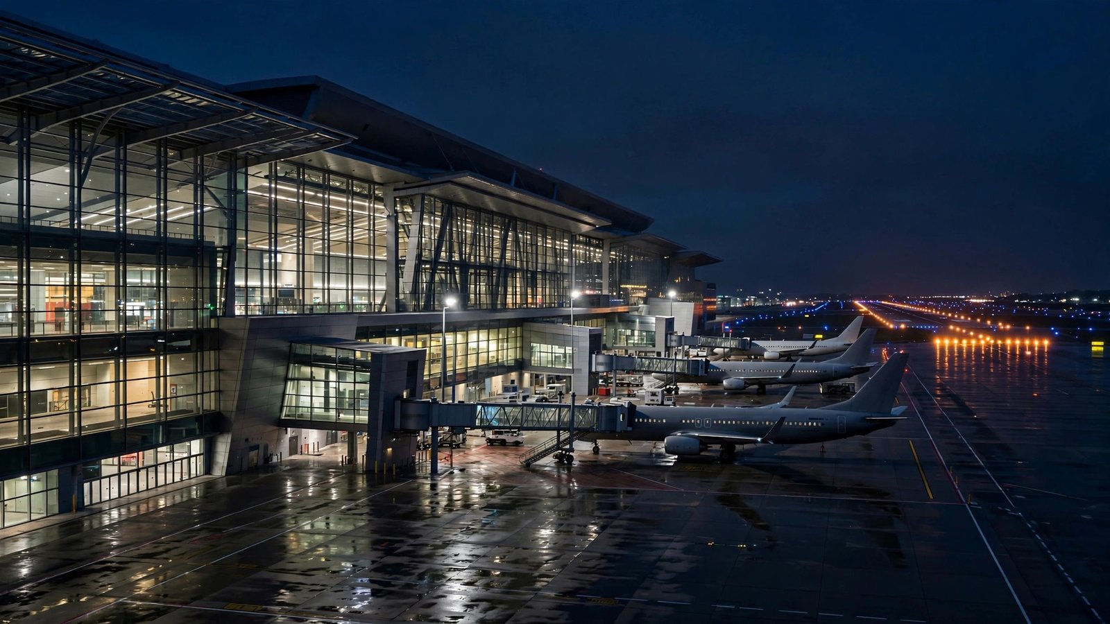 The glass facade of a large international airport terminal at night, with passenger planes parked on the tarmac.