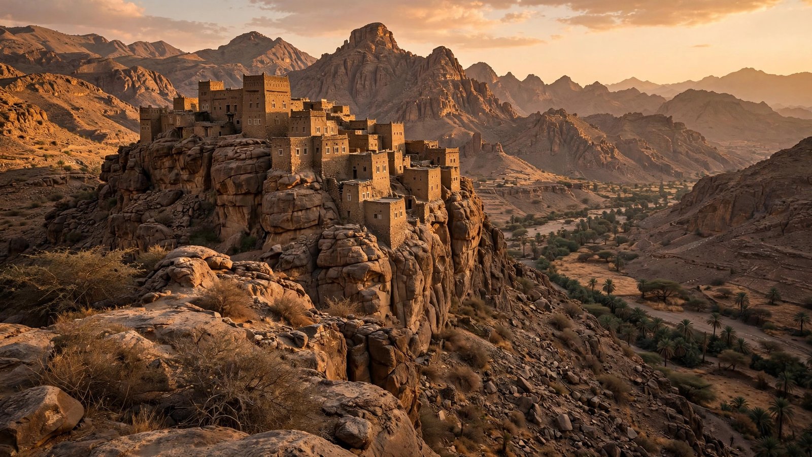 Ancient stone tower houses perched on a rocky cliff in Yemen's mountains at golden hour.