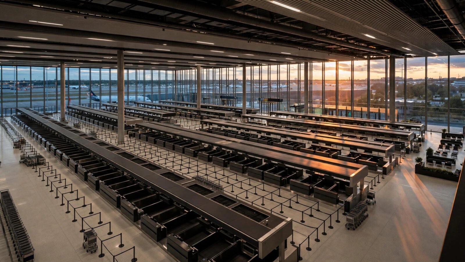 Empty departure terminal hall of a modern international airport at dusk, with rows of check-in counters and sunset light through tall glass windows.