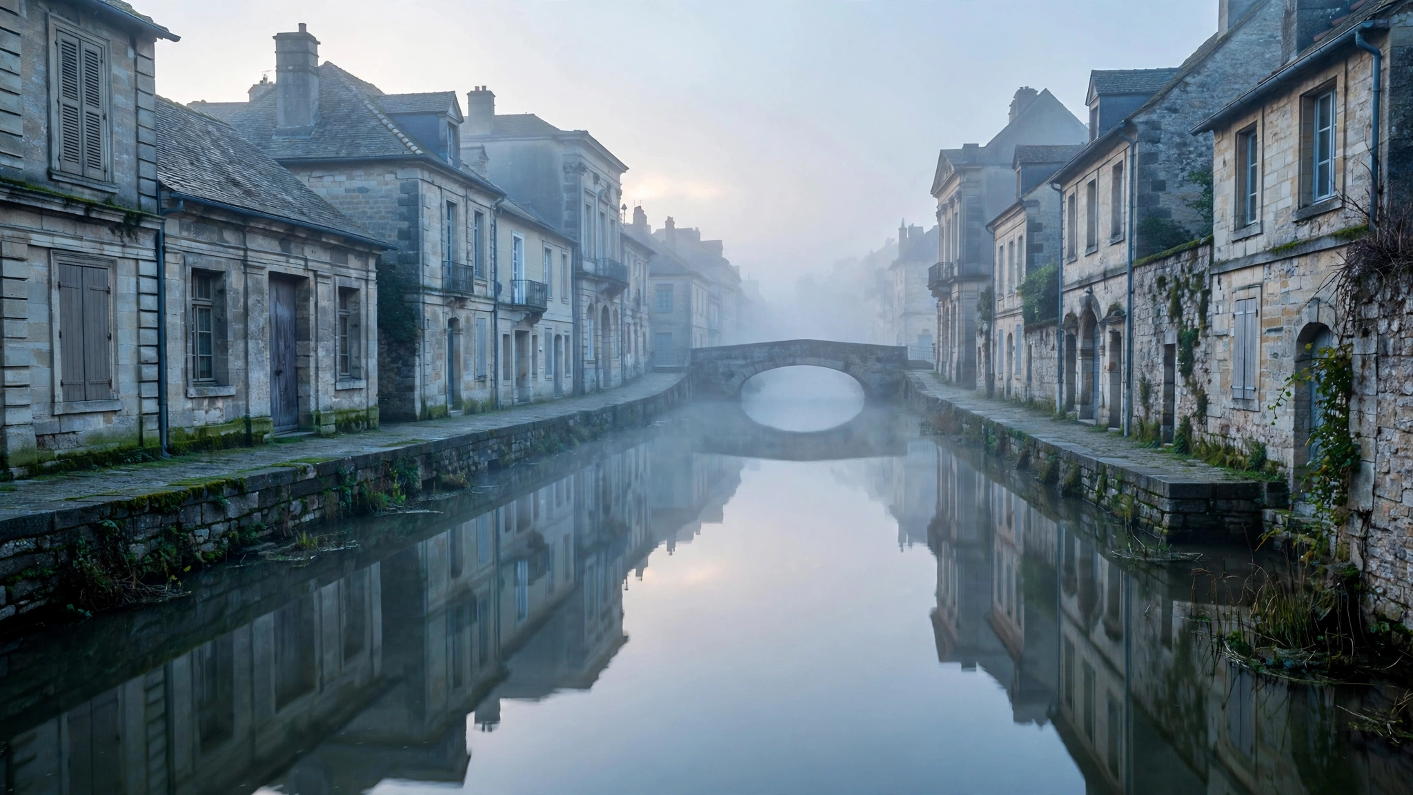 A misty canal lined with historic stone buildings at dawn.